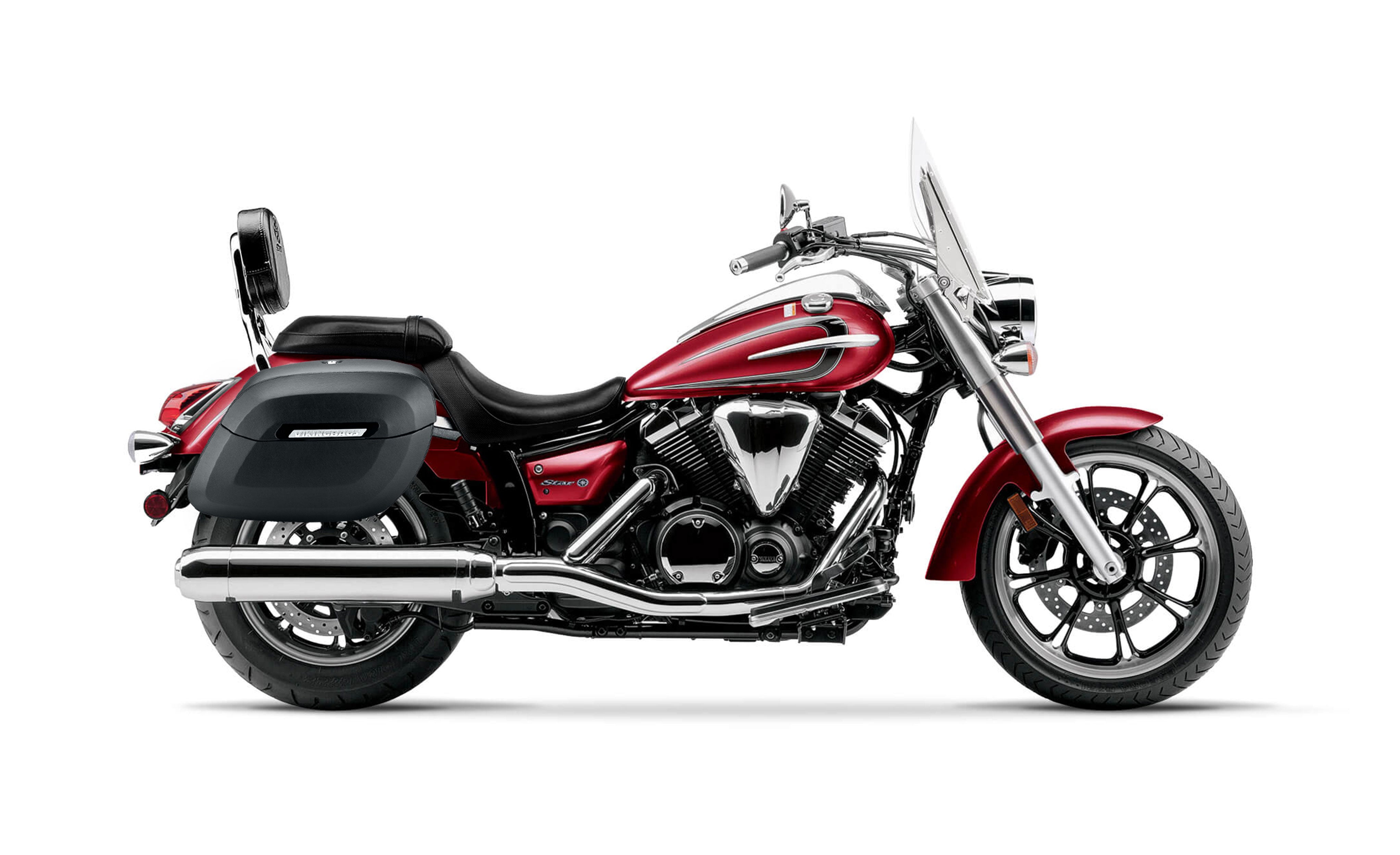 40L - Lamellar Raven Extra Large Yamaha V Star 950 Tourer Leather Covered Motorcycle Hard Saddlebags Bag on Bike @expand