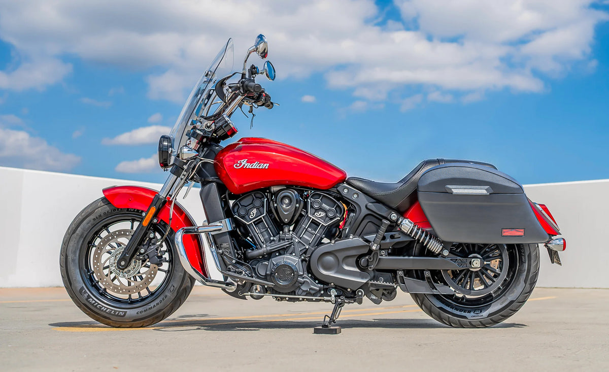 44L - Lamellar Stallion Extra Large Indian Scout Classic 2025+ Leather Covered Motorcycle Hard Saddlebags Lifestyle @expand