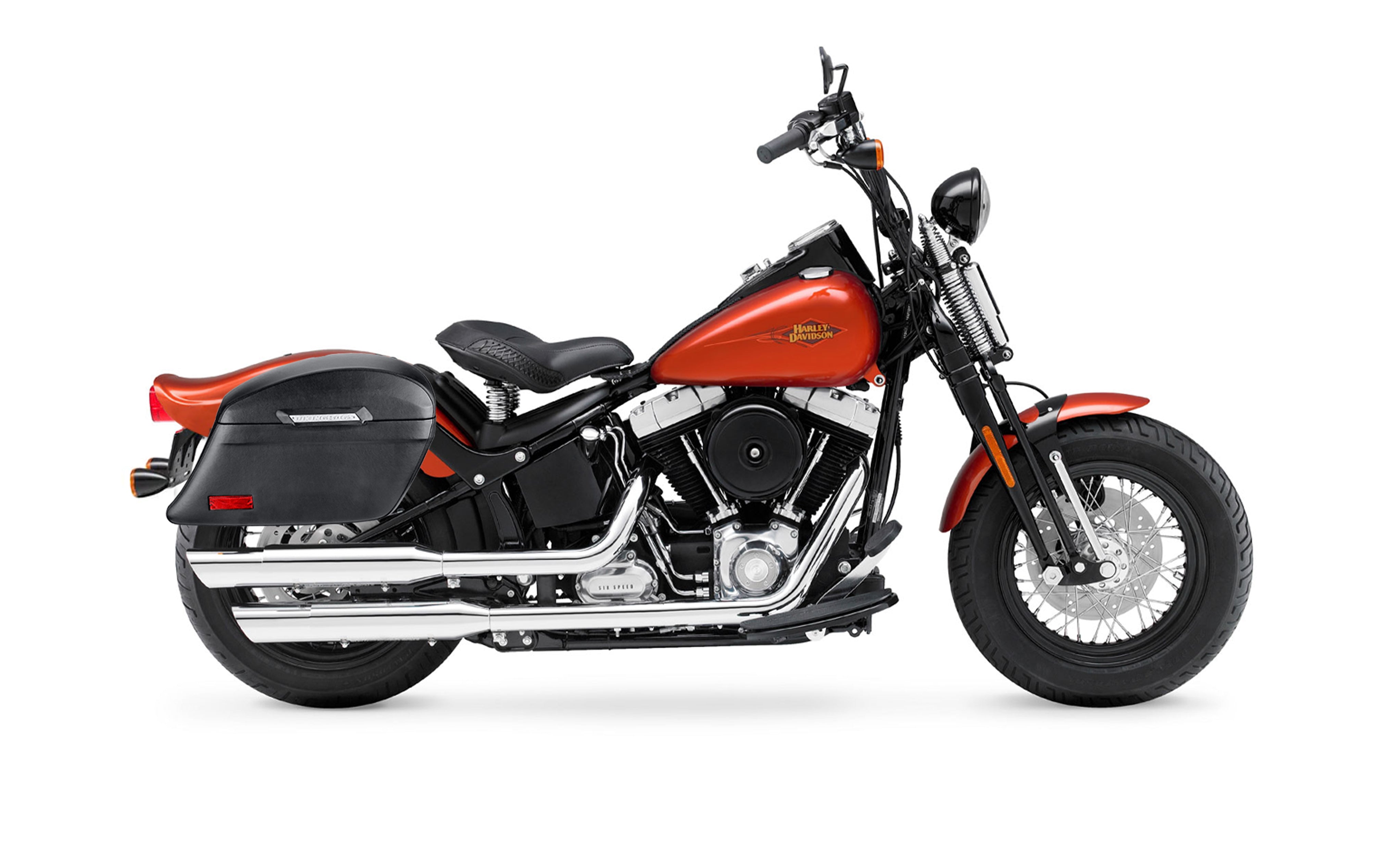 44L - Lamellar Stallion Extra Large Leather Covered Motorcycle Hard Saddlebags for Harley Softail Cross Bones FLSTSB Bag on Bike @expand