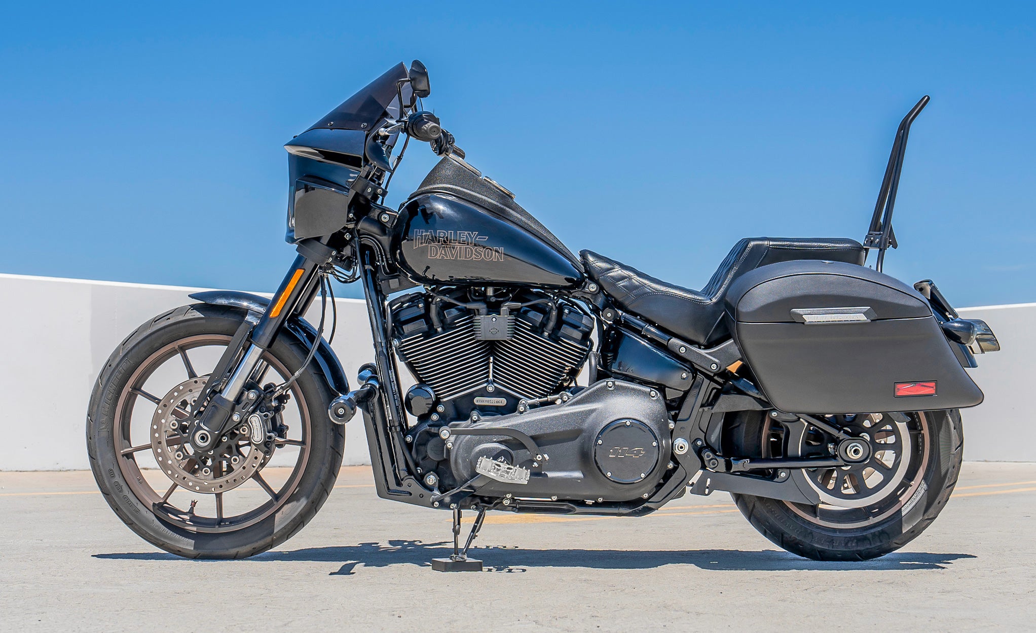 44L - Lamellar Stallion Extra Large Leather Covered Motorcycle Hard Saddlebags for Harley Softail Low Rider S FXLRS Lifestyle @expand