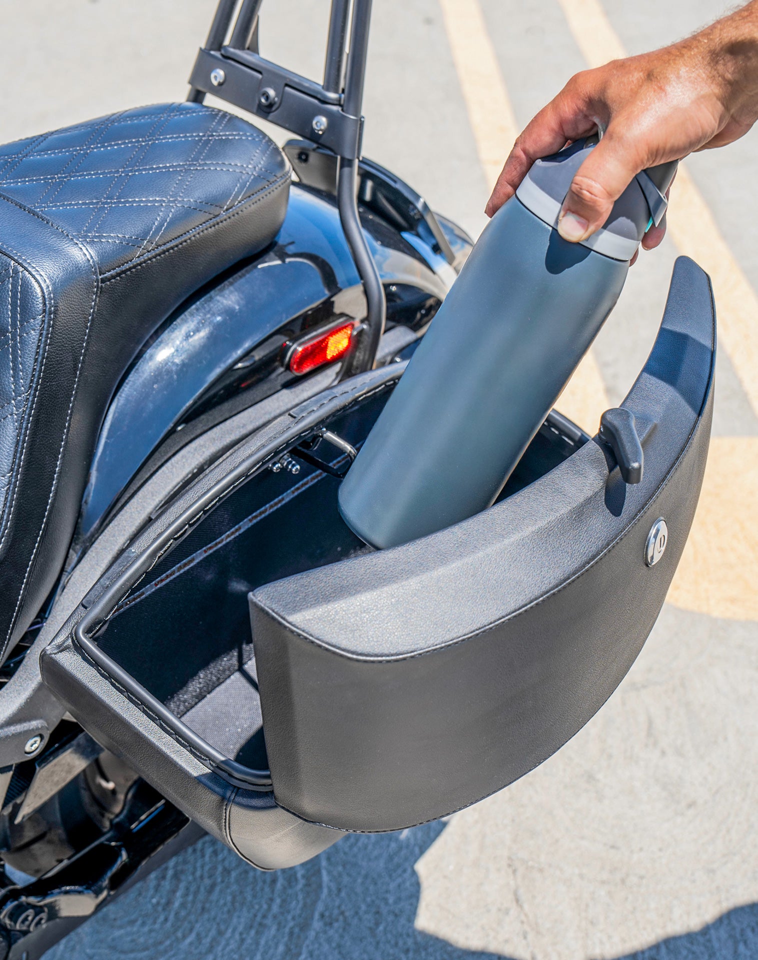 44L - Lamellar Stallion Extra Large Leather Covered Motorcycle Hard Saddlebags for Harley Softail Low Rider S FXLRS Lifestyle