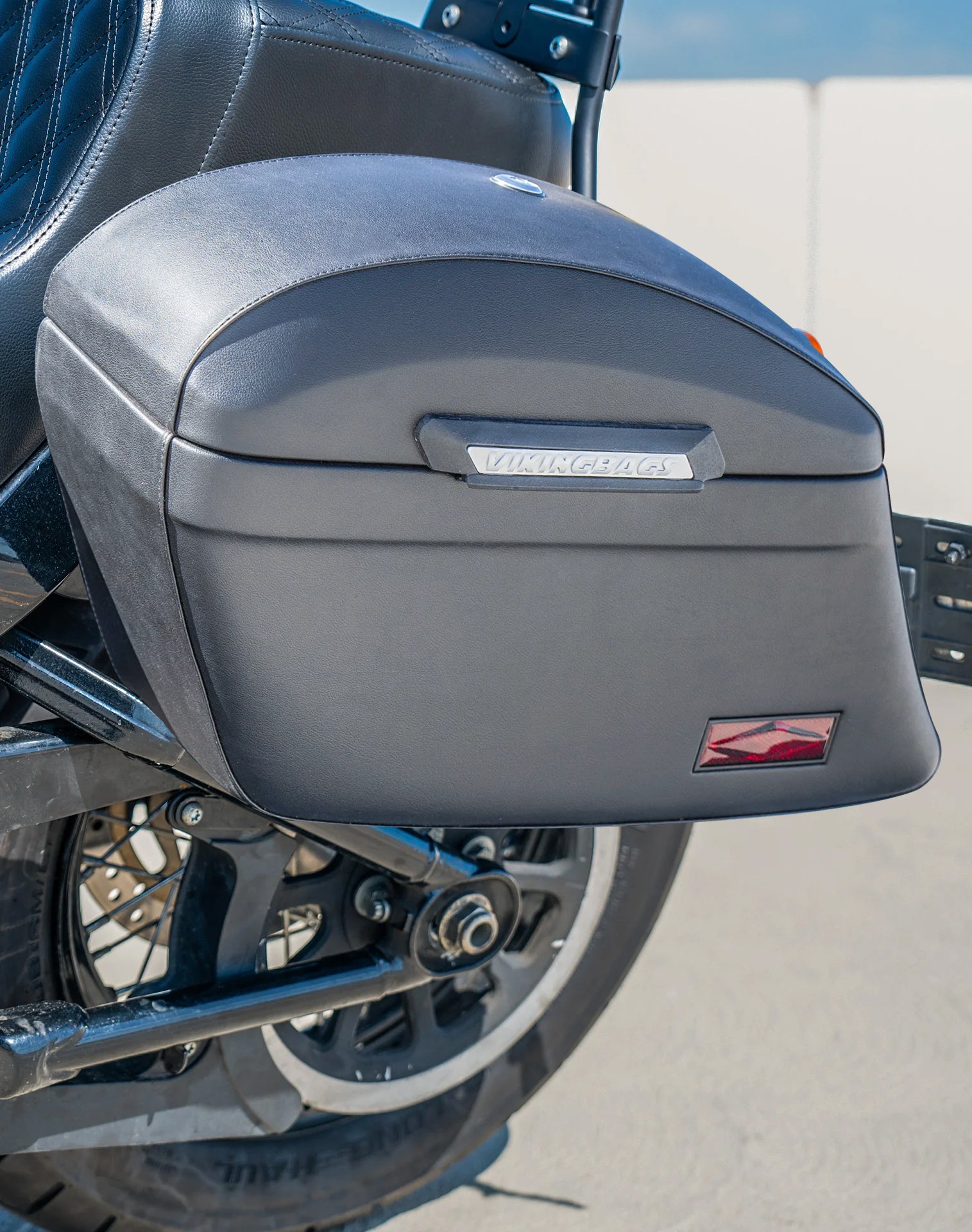 44L - Lamellar Stallion Extra Large Leather Covered Motorcycle Hard Saddlebags for Harley Softail Street Bob FXBB/S Vertical Lifestyle