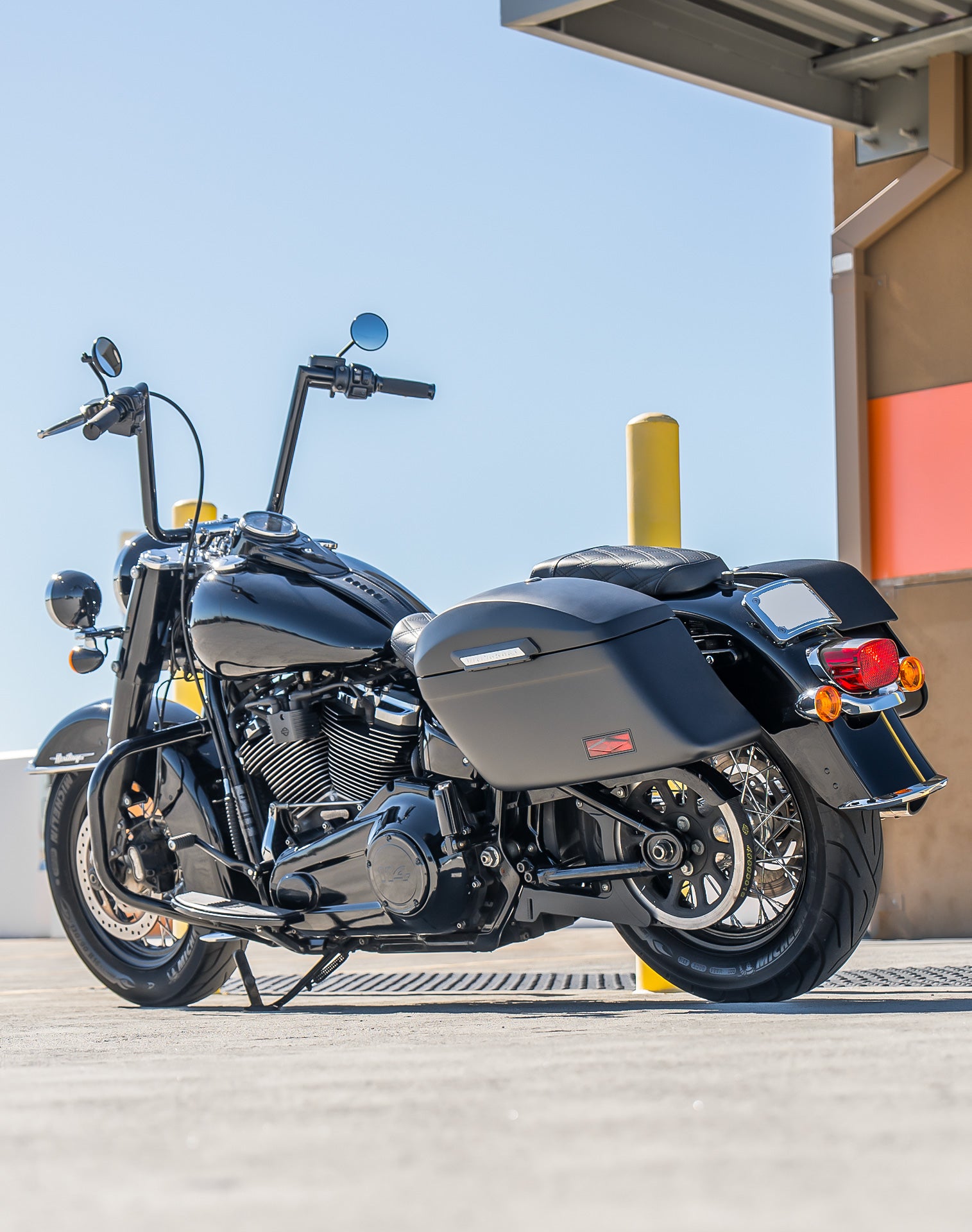 44L - Lamellar Stallion Extra Large Matte Motorcycle Hard Saddlebags for Harley Softail Heritage FLHC/S Lifestyle