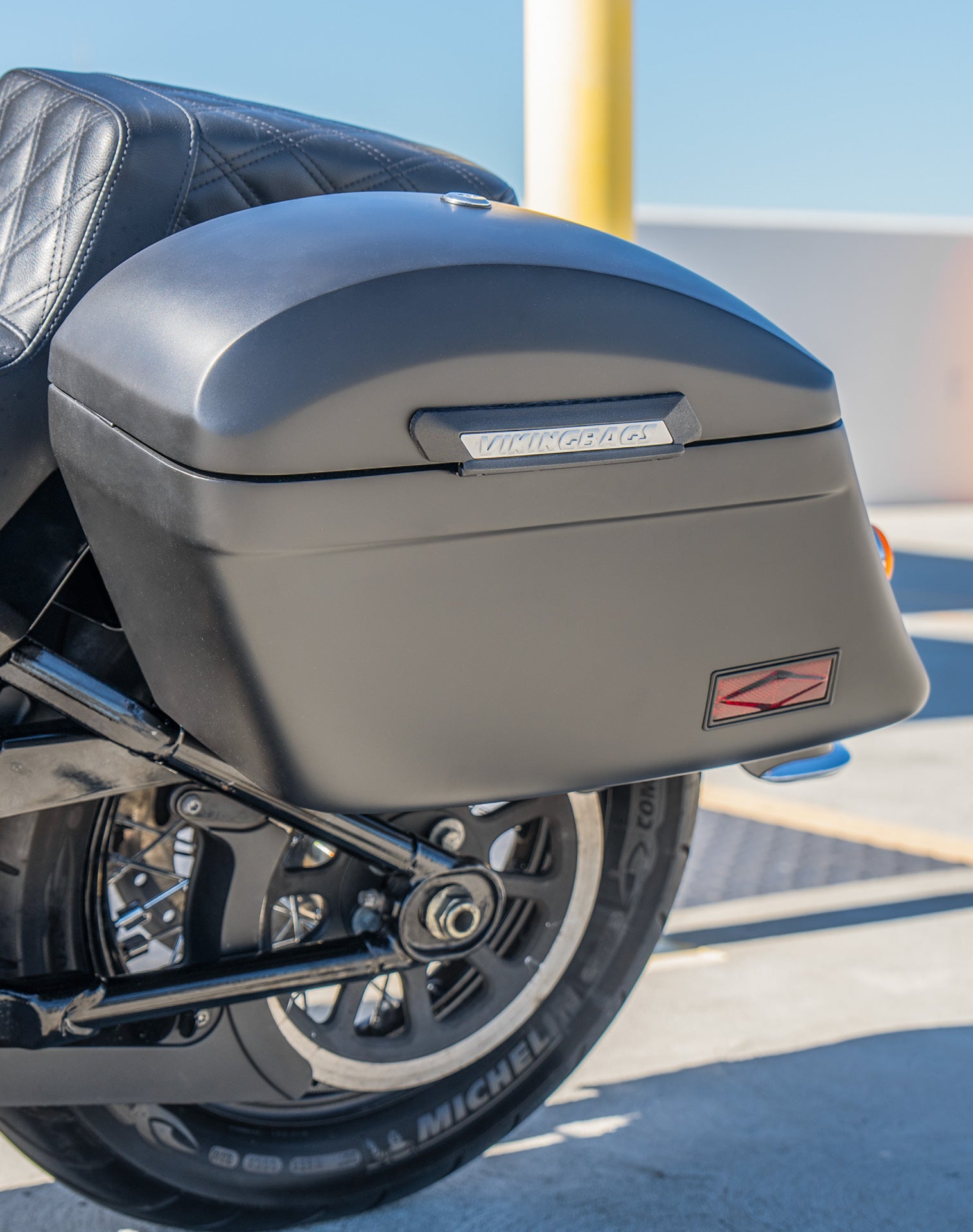 44L - Lamellar Stallion Extra Large Matte Motorcycle Hard Saddlebags for Harley Softail Heritage FLHC/S Lifestyle