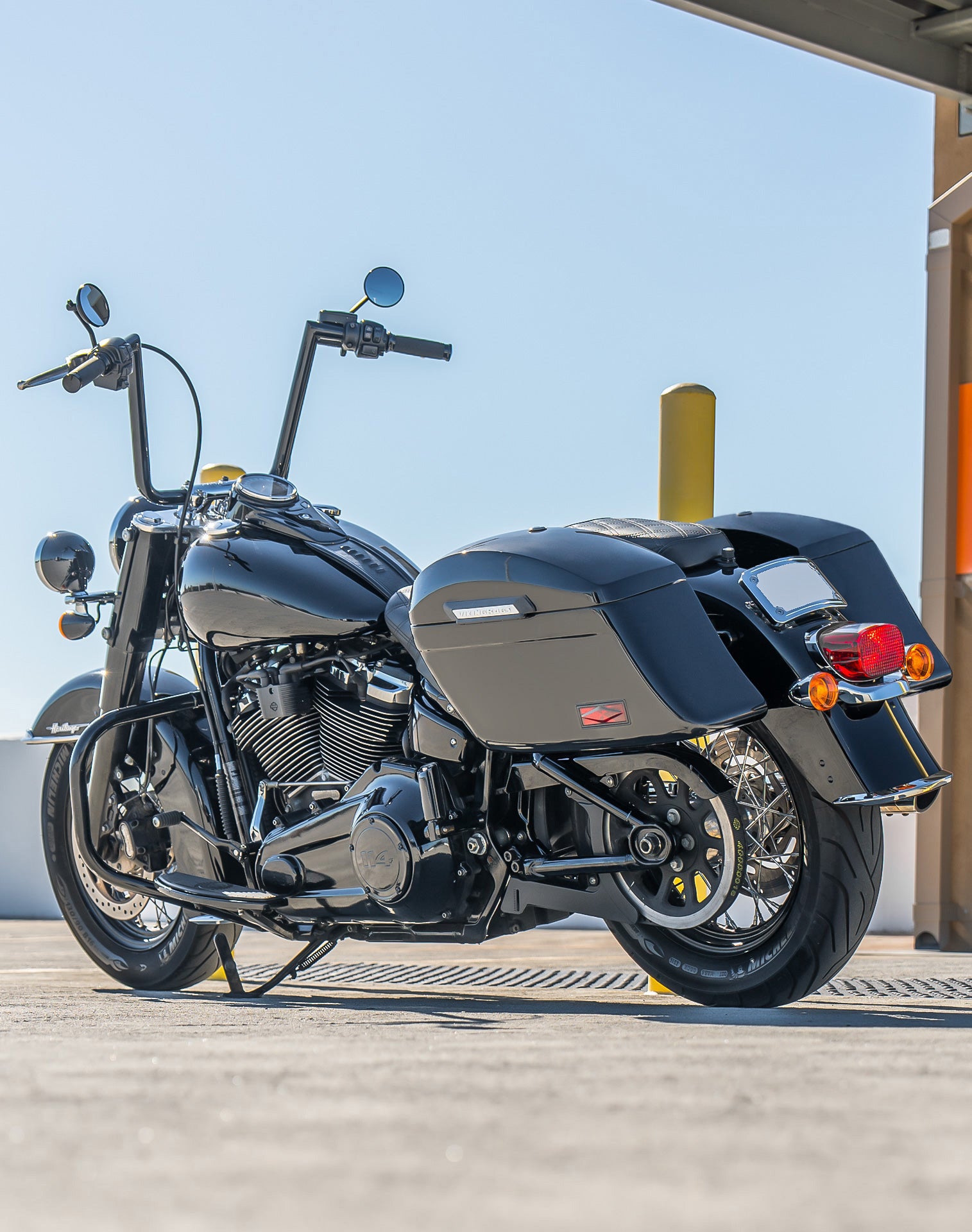 44L - Lamellar Stallion Extra Large Painted Motorcycle Hard Saddlebags for Harley Softail Heritage FLHC/S Lifestyle