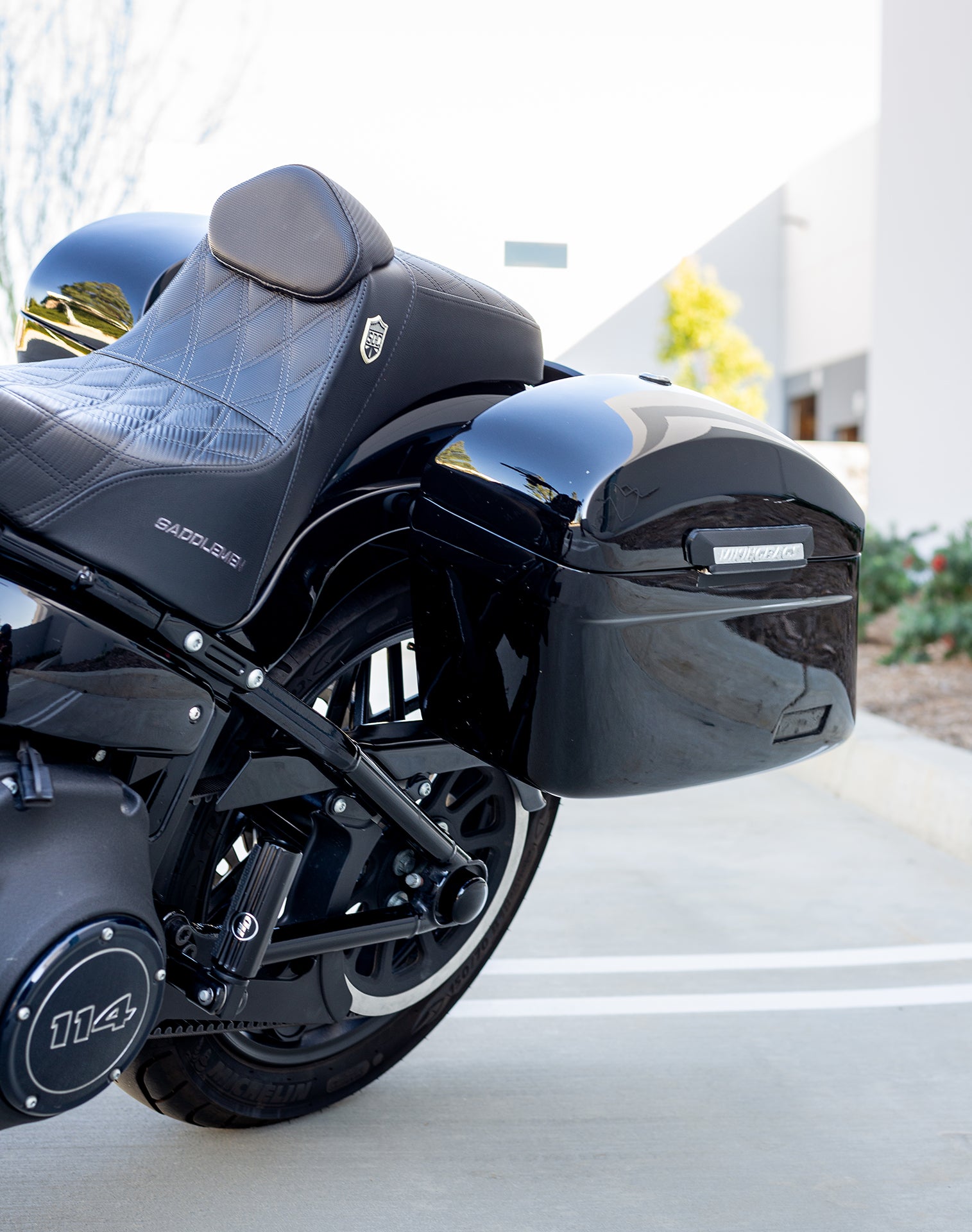 44L - Lamellar Stallion Extra Large Painted Motorcycle Hard Saddlebags for Harley Softail Street Bob FXBB v2