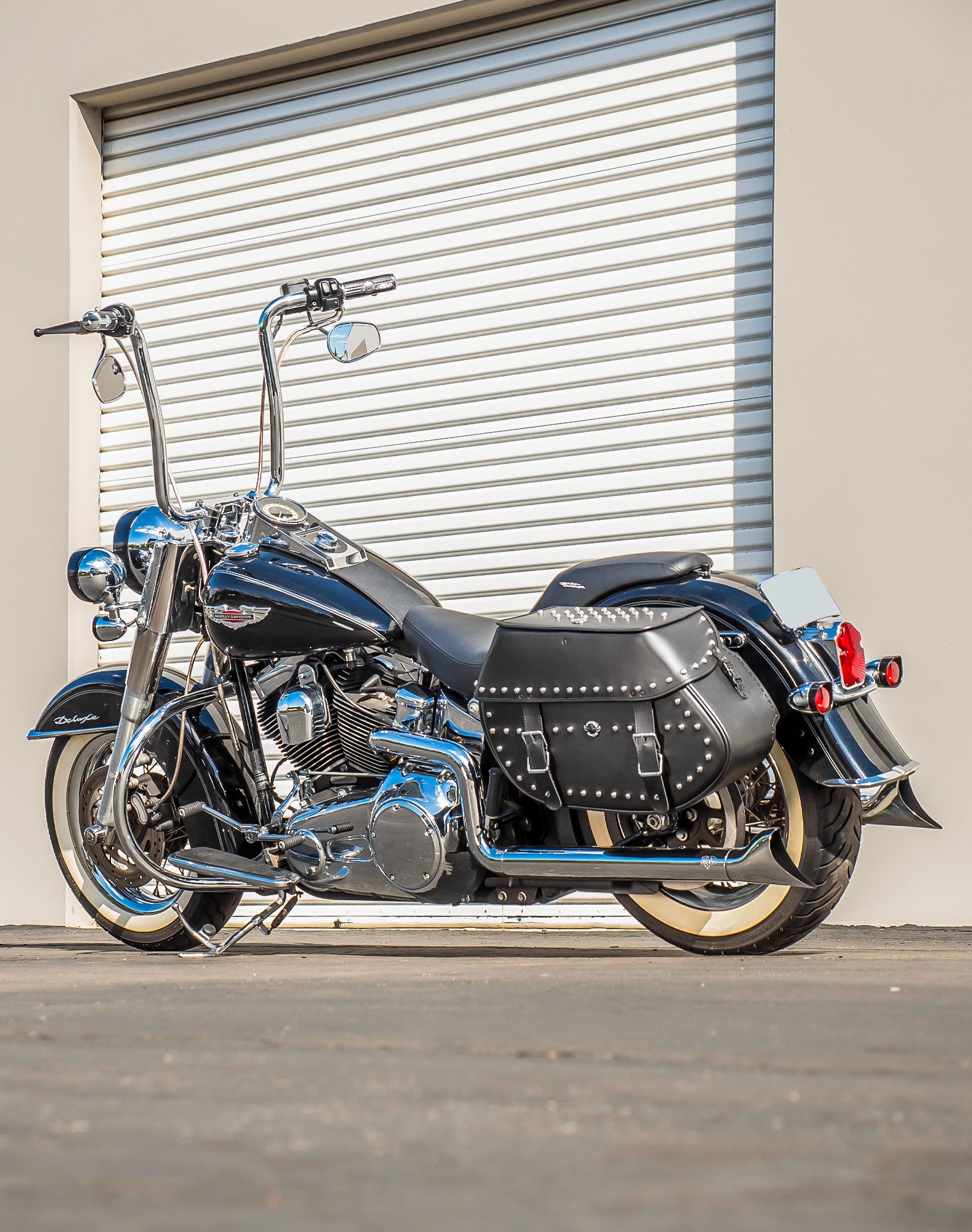 35L - Legacy Extra Large Studded Leather Motorcycle Saddlebags for Harley Softail Deluxe FLSTN/I v1