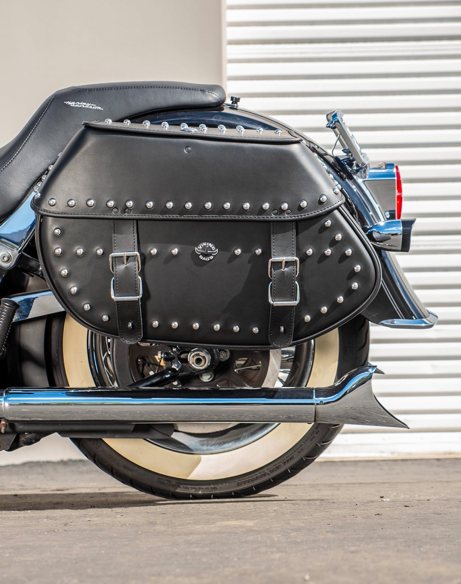 35L - Legacy Extra Large Studded Leather Motorcycle Saddlebags for Harley Softail Deluxe FLSTN/I v2