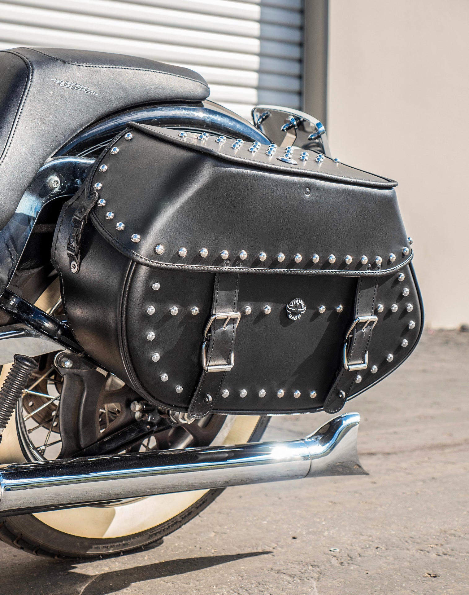 35L - Legacy Extra Large Studded Leather Motorcycle Saddlebags for Harley Softail Deluxe FLSTN/I v3