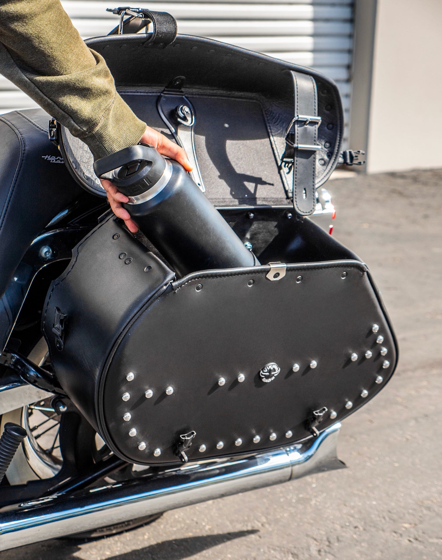 35L - Legacy Extra Large Studded Leather Motorcycle Saddlebags for Harley Softail Deluxe FLSTN/I v4