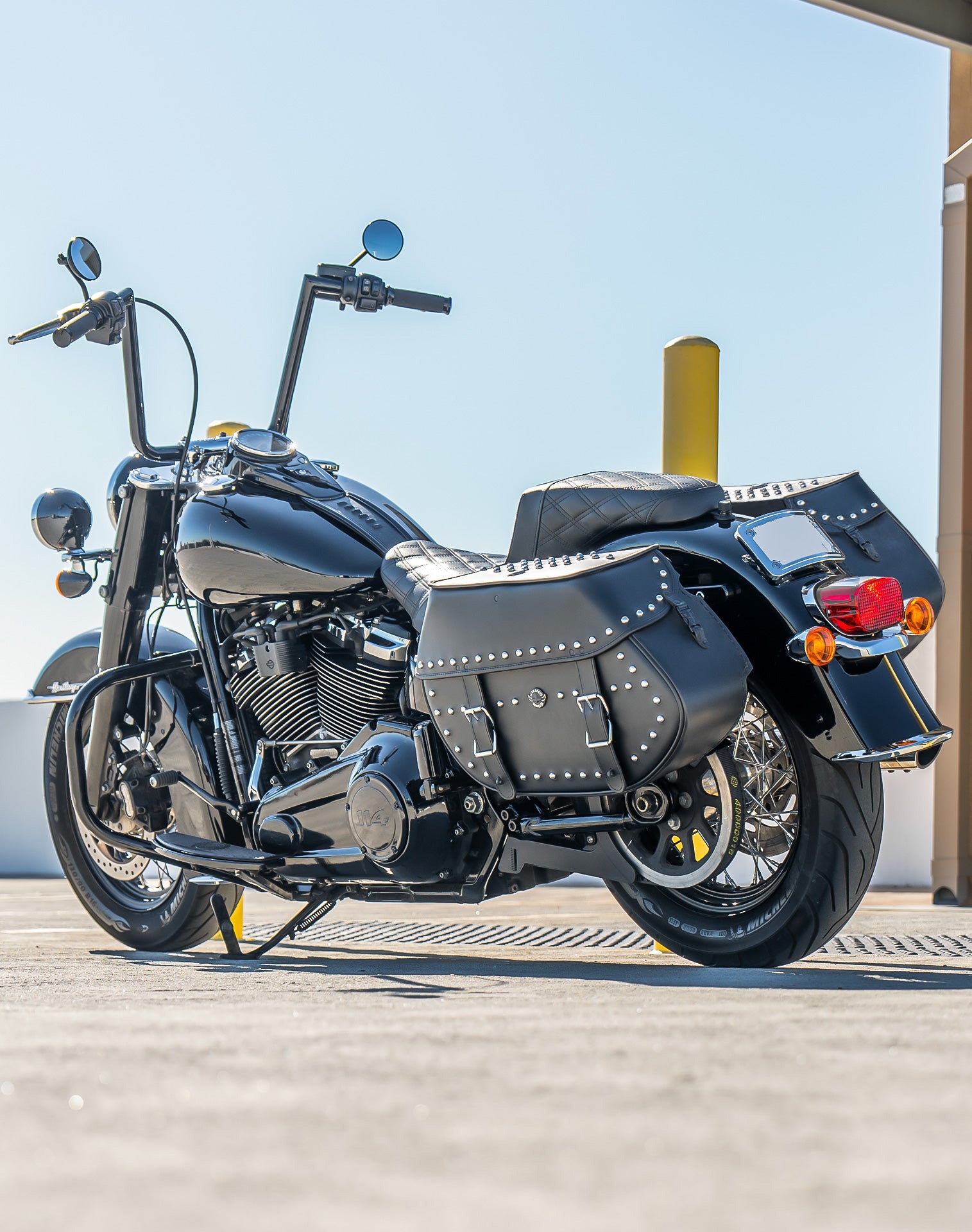 35L - Legacy Extra Large Studded Leather Motorcycle Saddlebags for Harley Softail Heritage FLHC/S Lifestyle