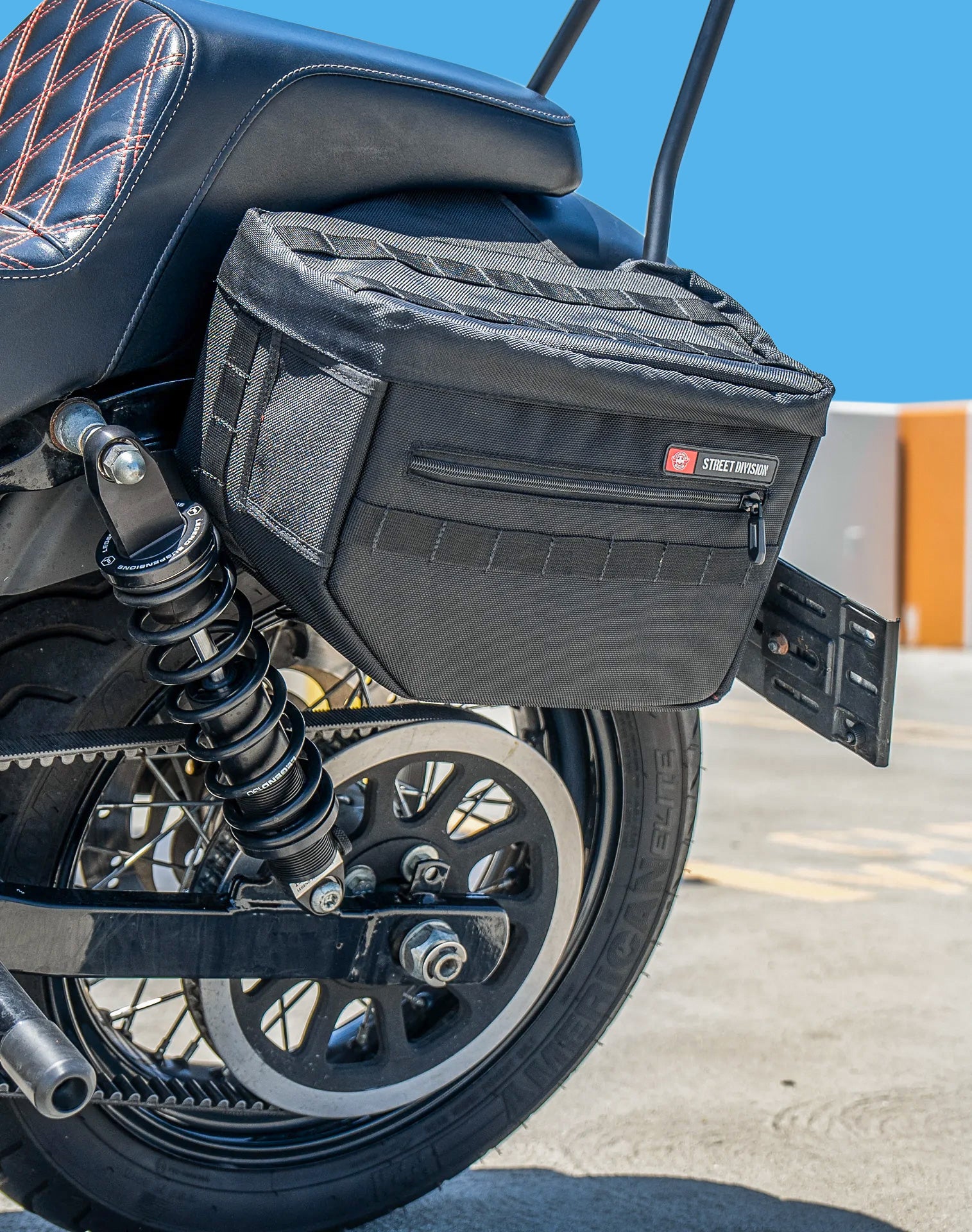 18L - Patriot Medium Motorcycle Throw Over Saddlebags for Harley Dyna Street Bob FXDB Lifestyle