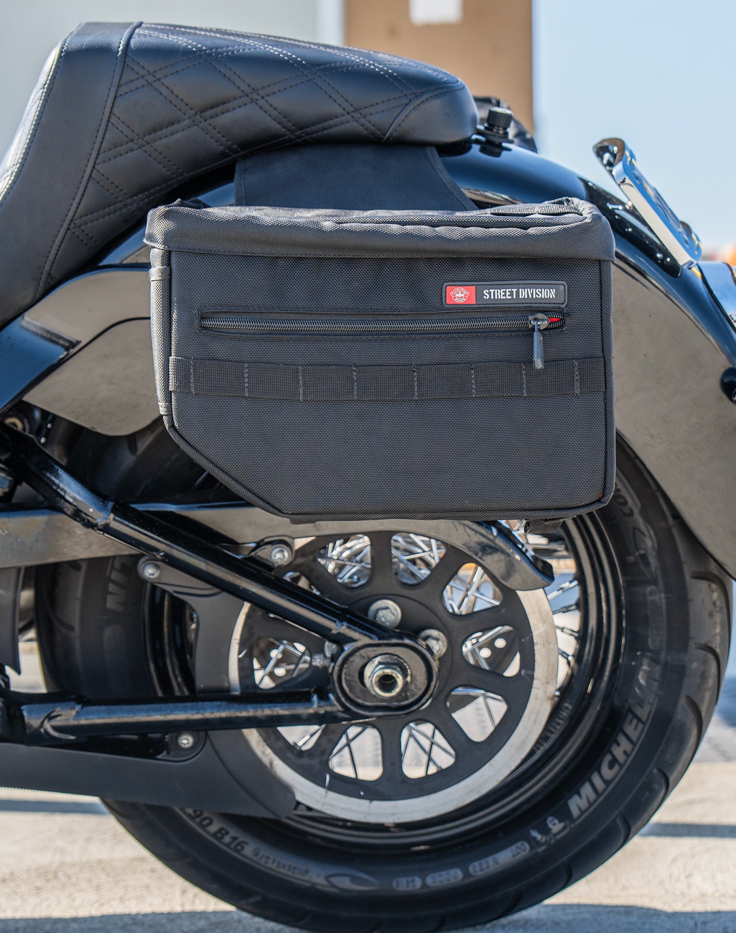 18L - Patriot Medium Motorcycle Throw Over Saddlebags for Harley Softail Heritage FLHC/S Lifestyle