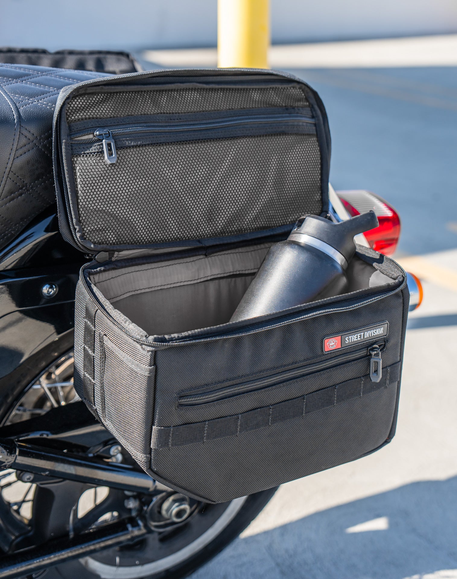 18L - Patriot Medium Motorcycle Throw Over Saddlebags for Harley Softail Heritage FLHC/S Lifestyle