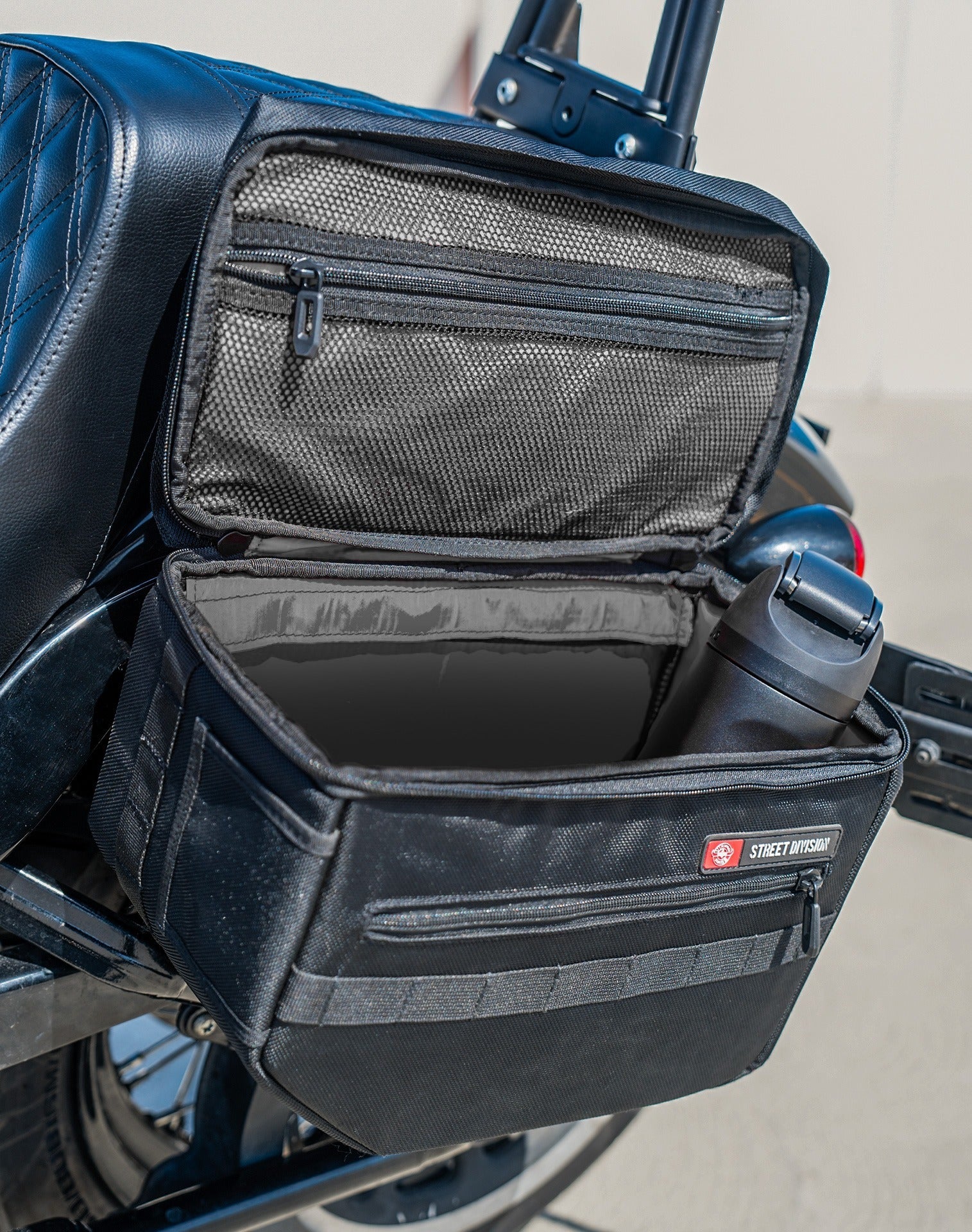 18L - Patriot Medium Motorcycle Throw Over Saddlebags for Harley Softail Street Bob FXBB/S Vertical Lifestyle