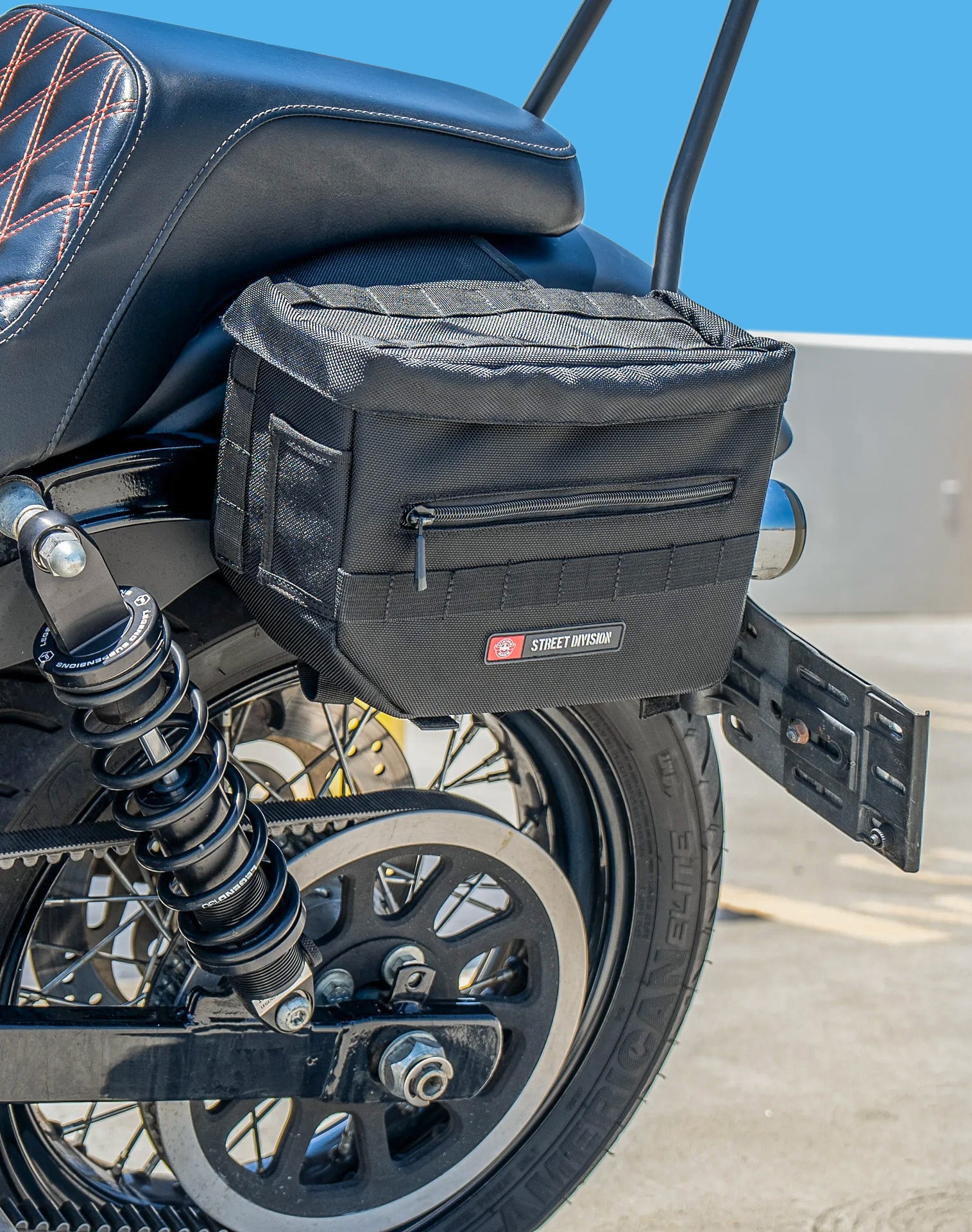 10L - Patriot Small Throw Over Saddlebags for Harley Dyna Street Bob FXDB Lifestyle