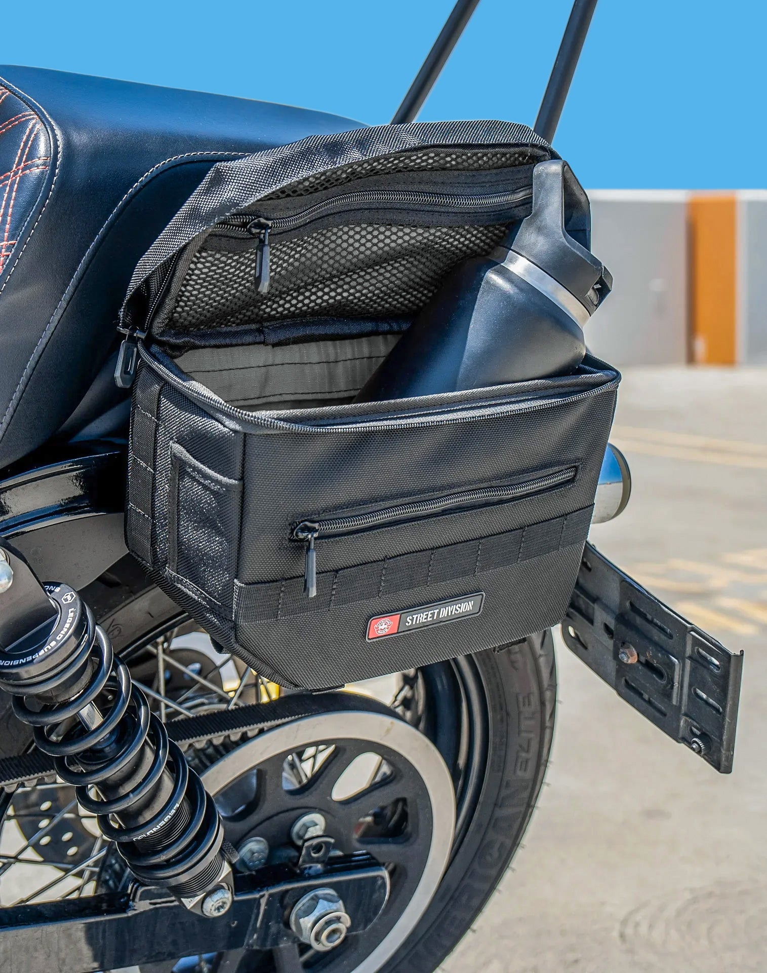 10L - Patriot Small Throw Over Saddlebags for Harley Dyna Street Bob FXDB Lifestyle