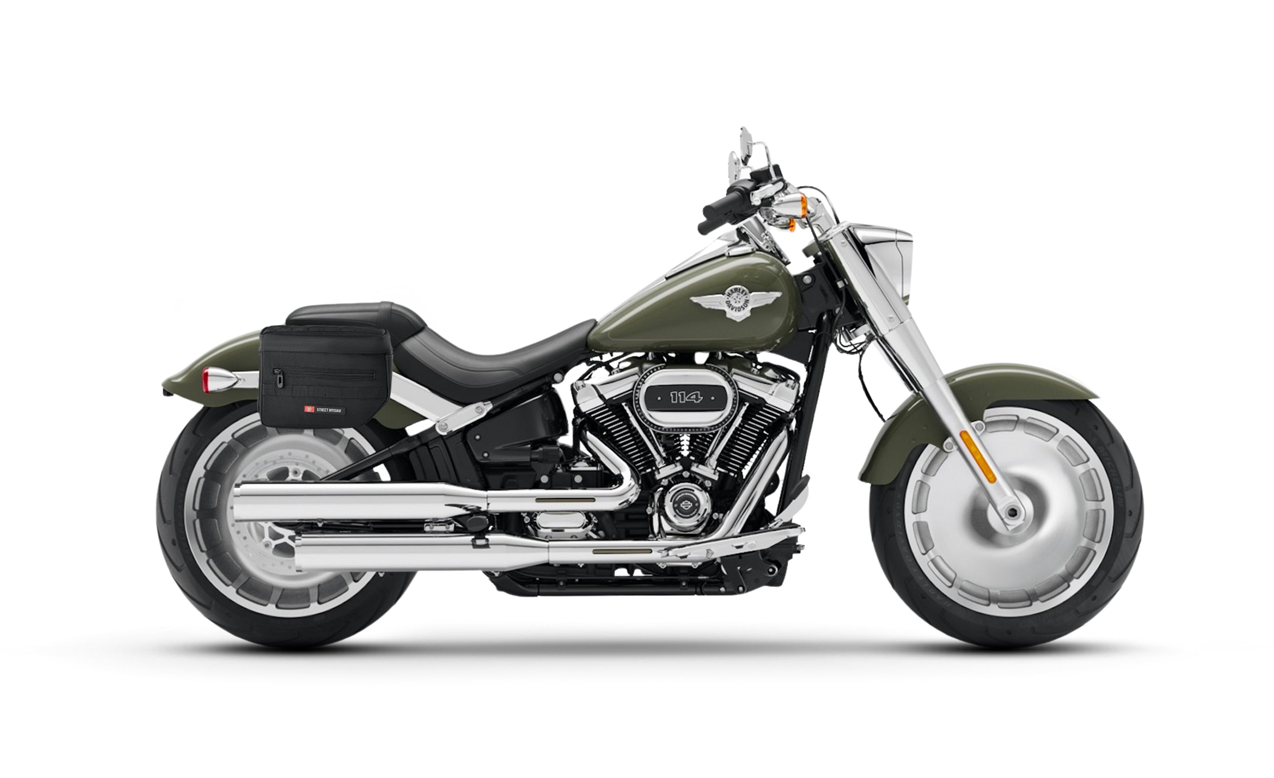 8L - Patriot Small Throw Over Saddlebags for Harley Softail Fat Boy FLFB/S Bag on Bike @expand