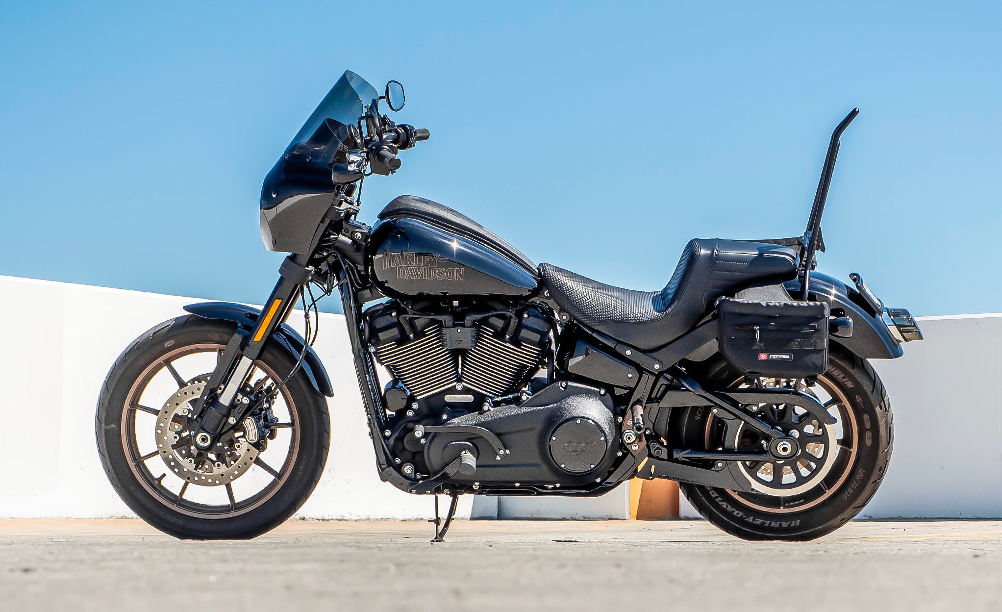 8L - Patriot Small Throw Over Saddlebags for Harley Softail Low Rider S FXLRS Bag on Bike @expand