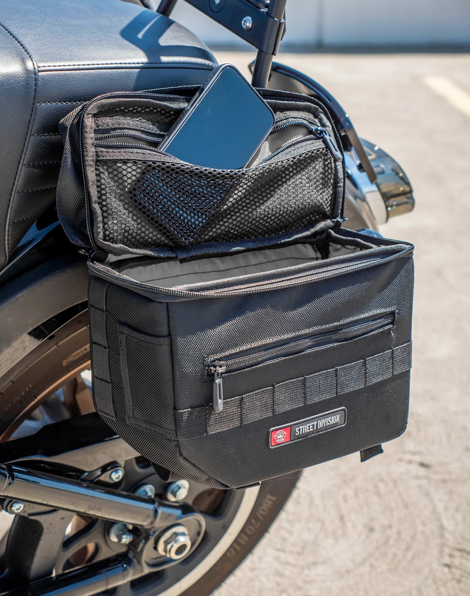 10L - Patriot Small Throw Over Saddlebags for Harley Softail Low Rider S FXLRS Life Style 4