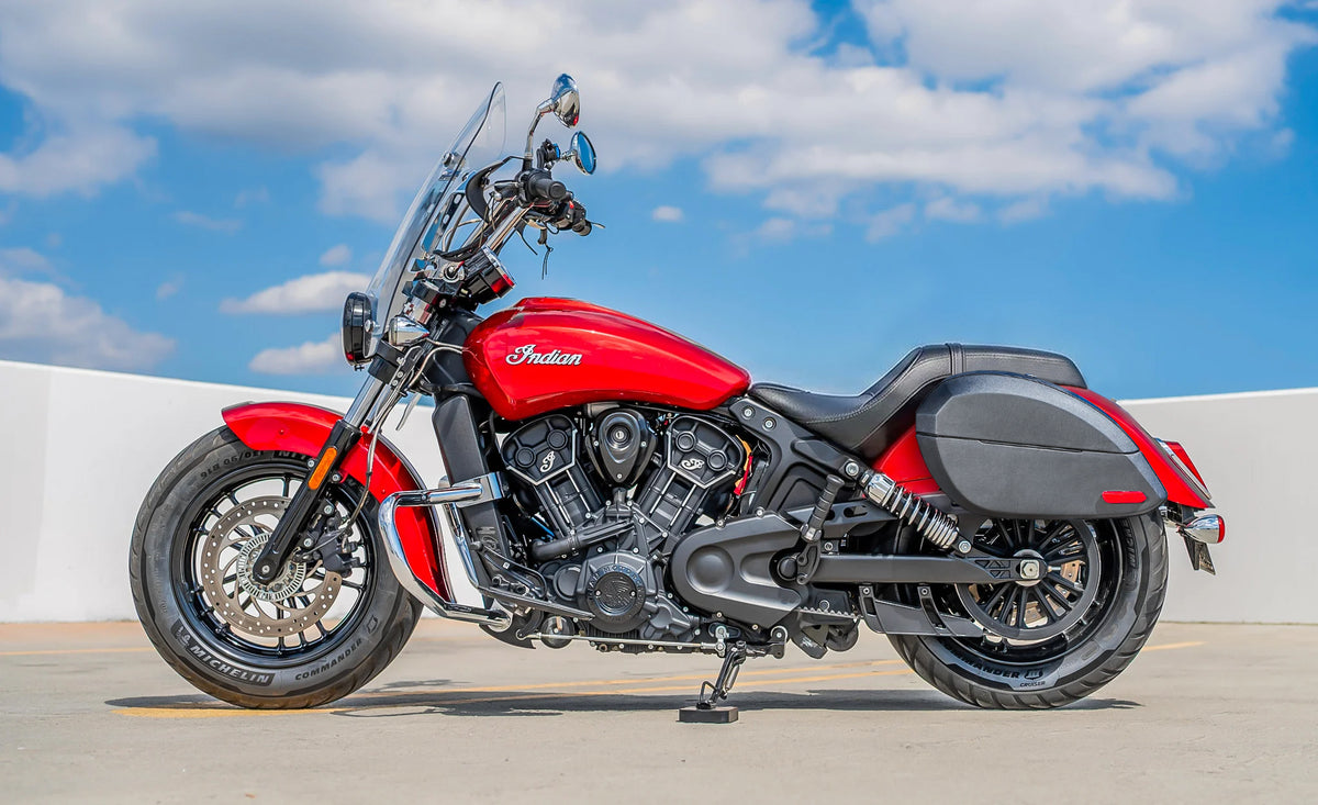 28L - Phantom Large Indian Scout Classic 2025+ Leather Wrapped Motorcycle Hard Saddlebags Lifestyle @expand