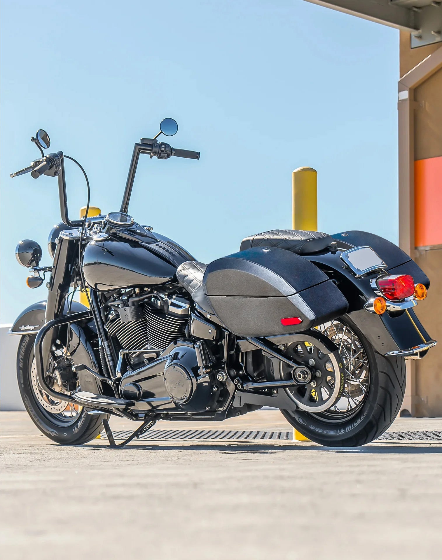 28L - Phantom Large Leather Wrapped Motorcycle Hard Saddlebags For Harley Softail Heritage FLHC/S Lifestyle