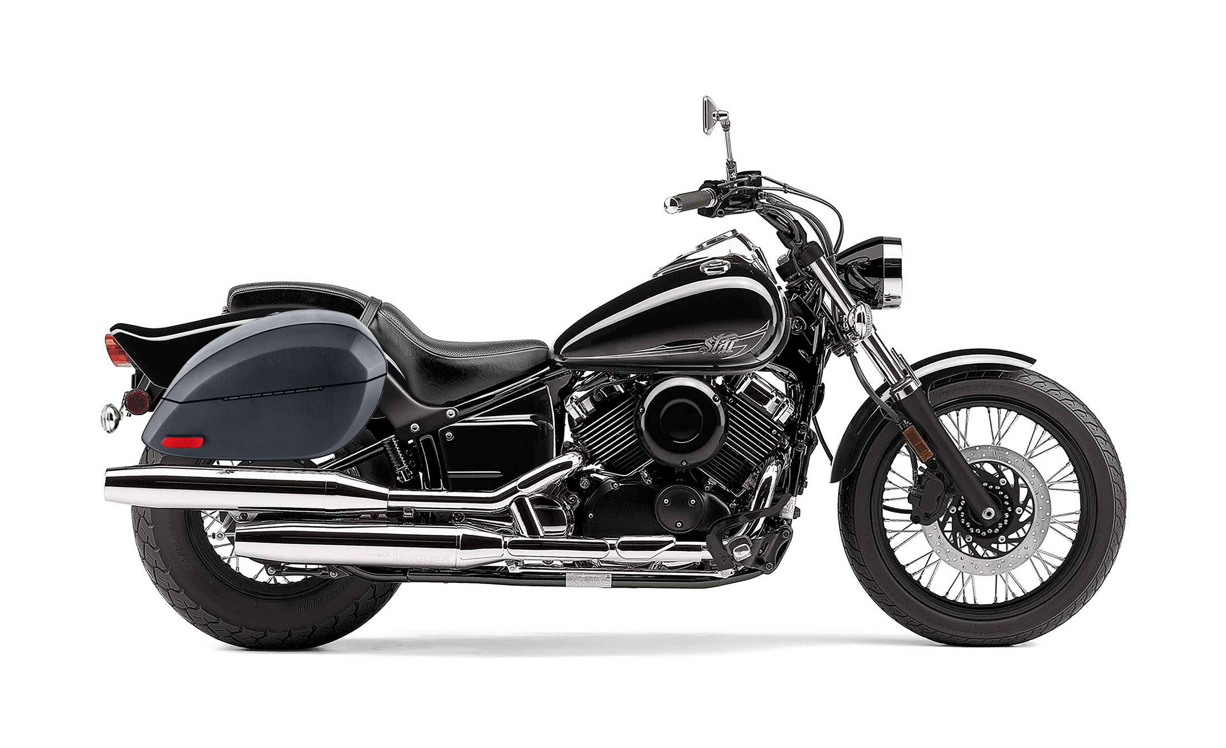 28L - Phantom Large Yamaha V Star 650 Custom XVS65T Leather Wrapped Motorcycle Hard Saddlebags Bag on Bike @expand