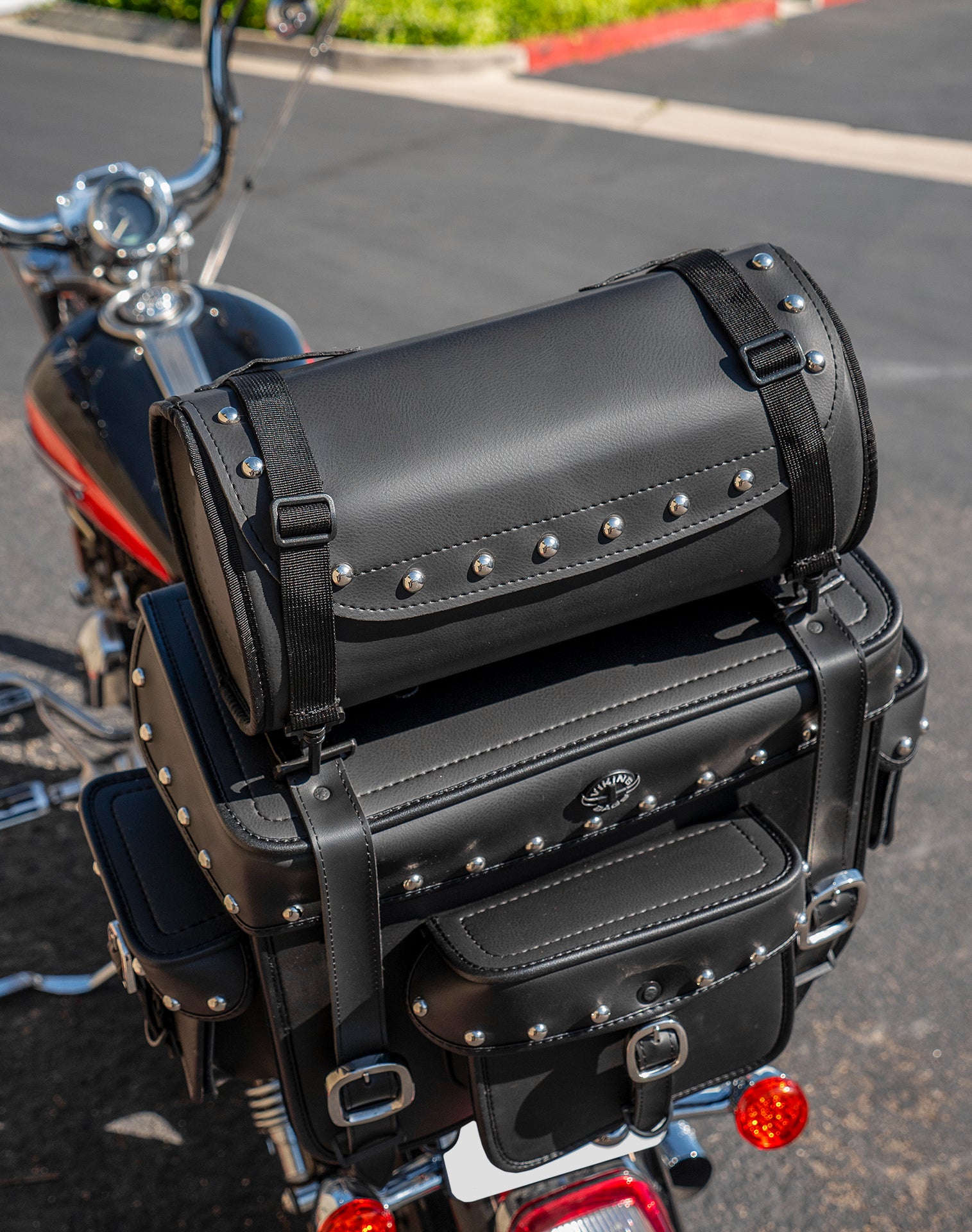 35L - Revival Series XL Suzuki Studded Motorcycle Sissy Bar Bag Lifestyle 4