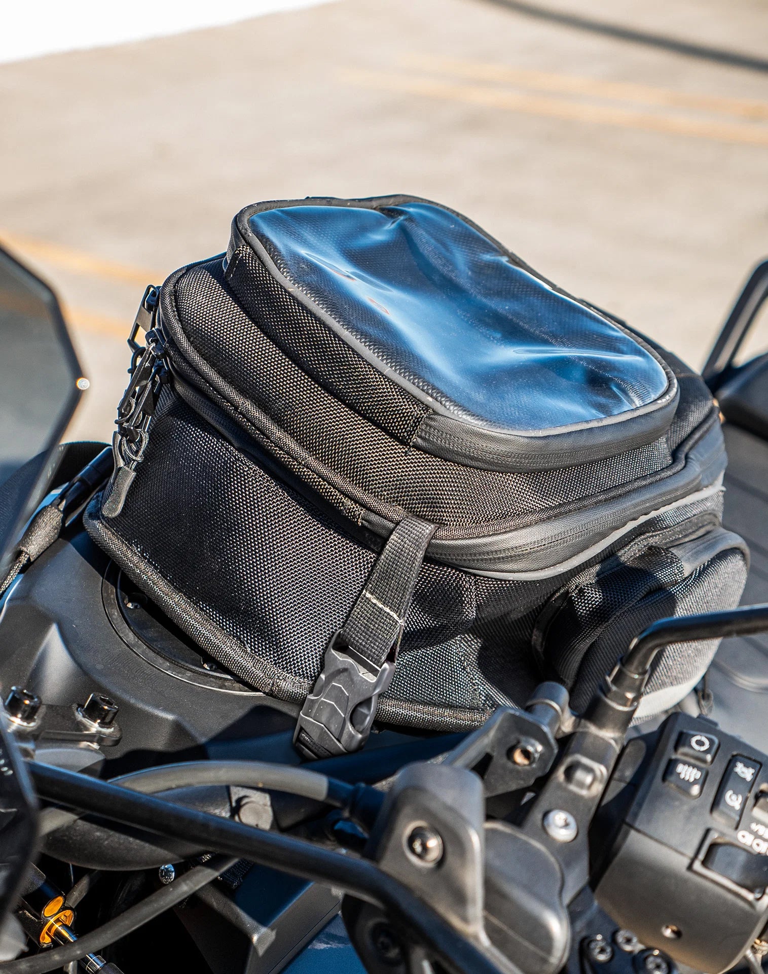 8L - Seeker Motorcycle Tank Bag for Harley Pan America vertical Lifestyle
