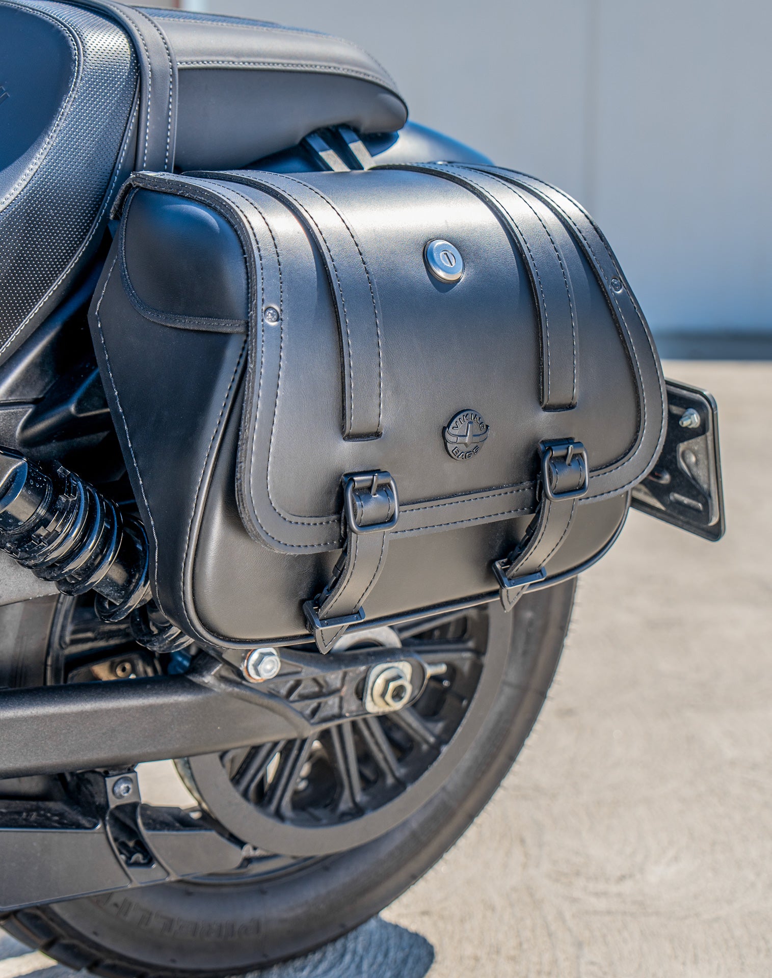 25L - SpiritBlade Large Indian Scout Bobber Sixty Leather Motorcycle Saddlebags Lifestyle