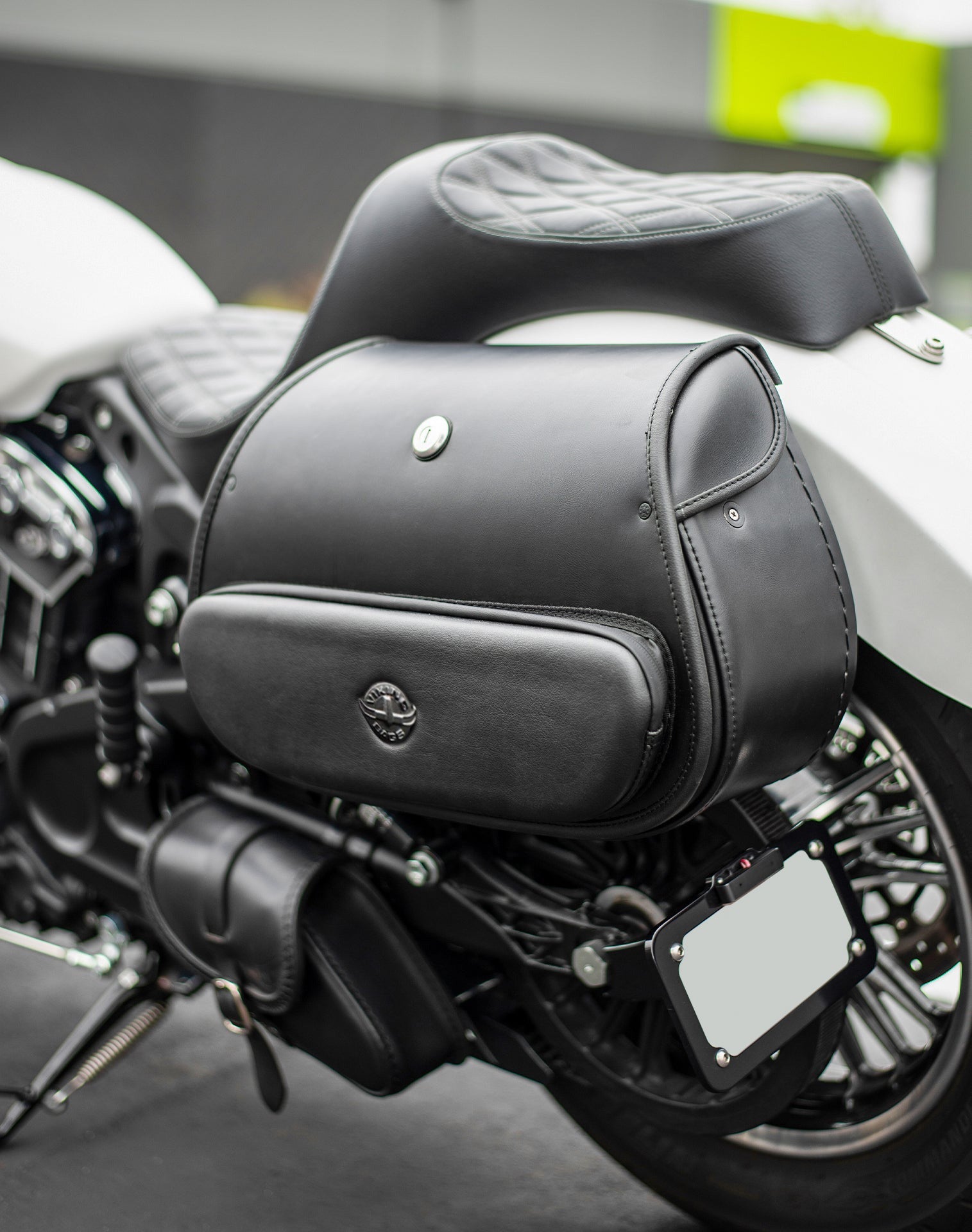 12L - Tomahawk Small Indian Scout Sixty Leather Motorcycle Solo Saddlebag Lifestyle