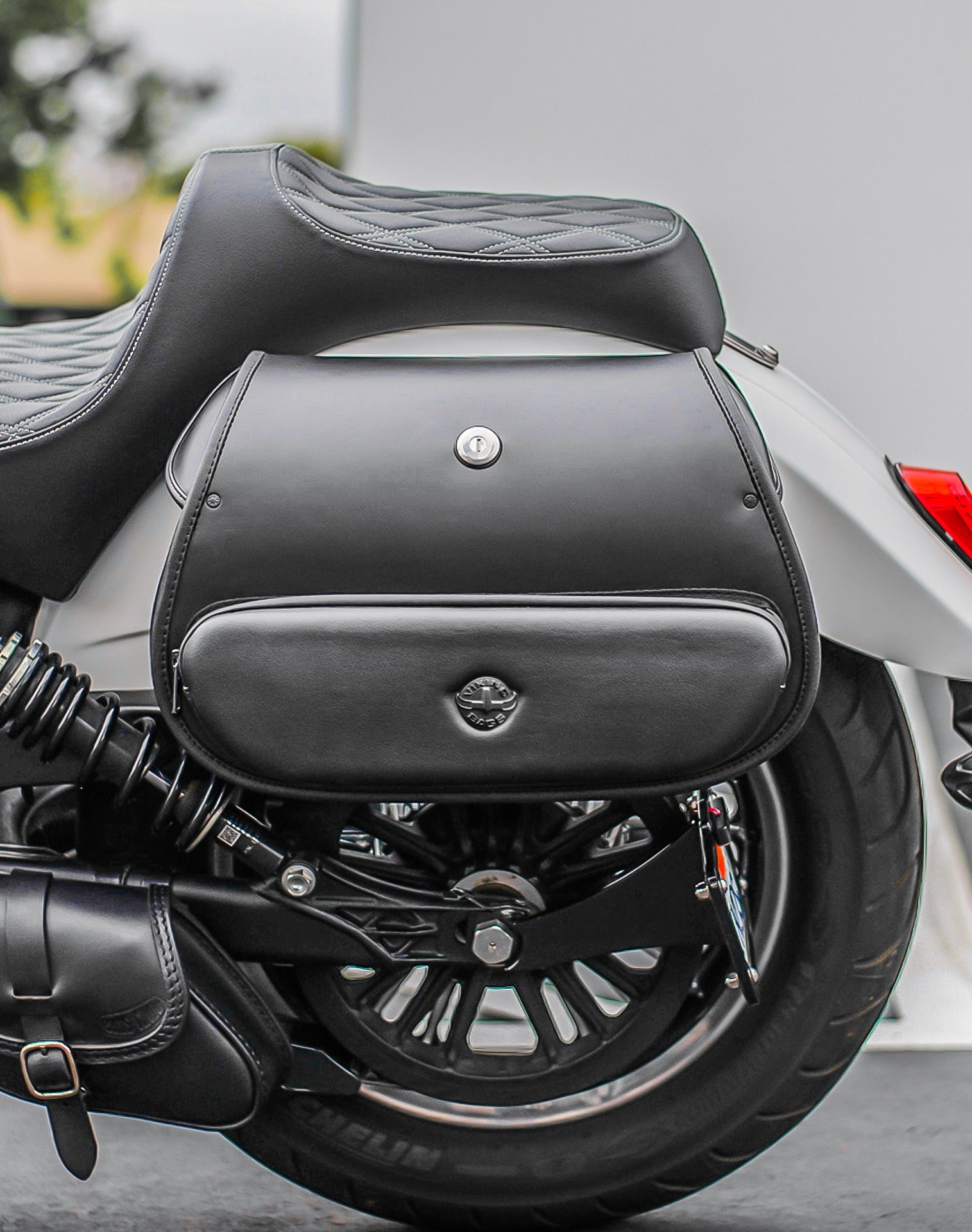 12L - Tomahawk Small Indian Scout Sixty Leather Motorcycle Solo Saddlebag Lifestyle