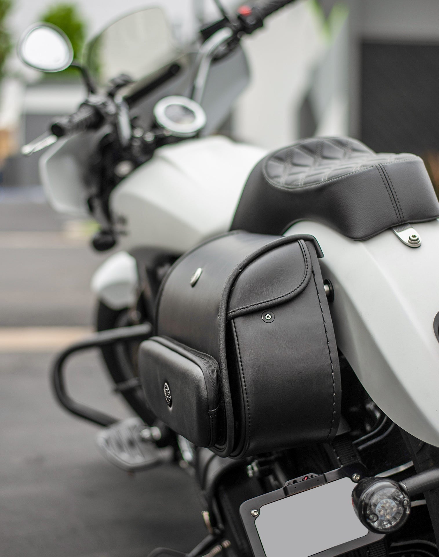 12L - Tomahawk Small Indian Scout Specific Leather Motorcycle Solo Bag Lifestyle