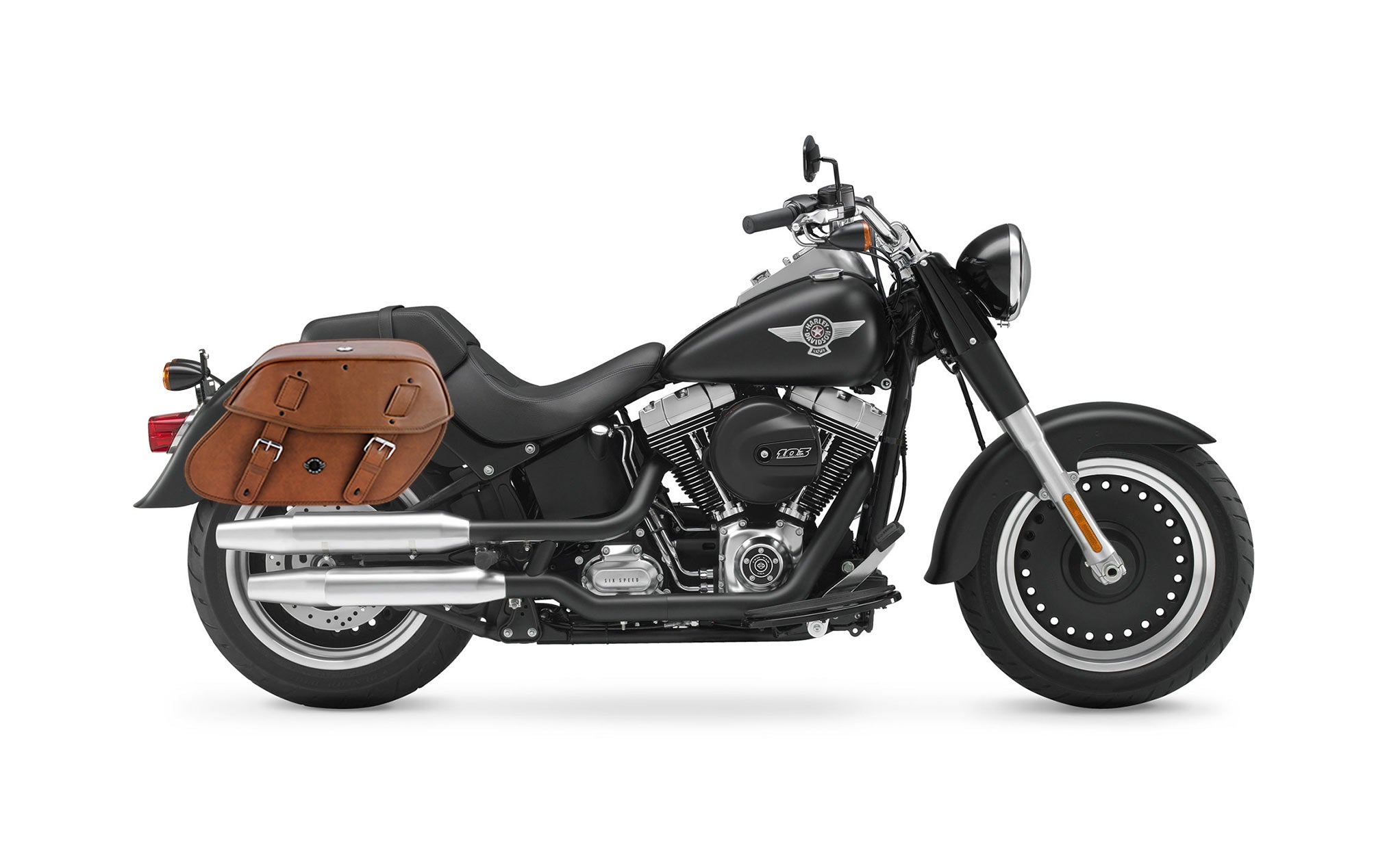 Viking Odin Brown Large Leather Motorcycle Saddlebags For Harley Softail Fat Boy Lo Flstfb on Bike Photo @expand