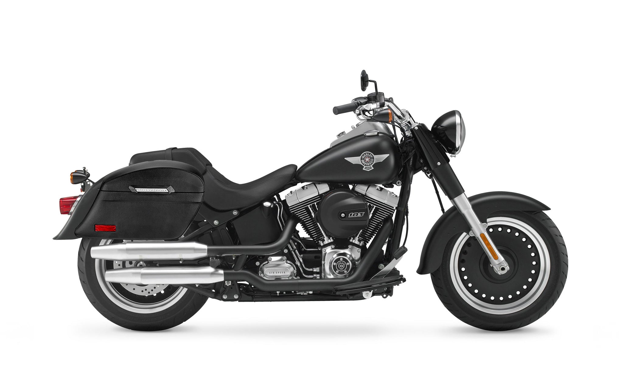 44L - Lamellar Stallion Extra Large Leather Covered Motorcycle Hard Saddlebags for Harley Softail Fat Boy Lo FLSTFB Bag on Bike @expand