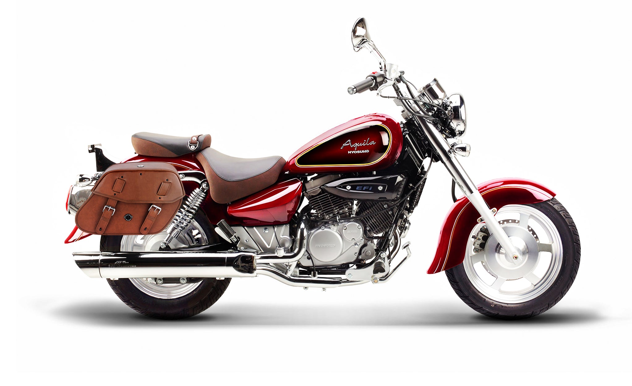 Viking Odin Brown Large Hyosung Aquila Gv 250 Leather Motorcycle Saddlebags on Bike Photo @expand
