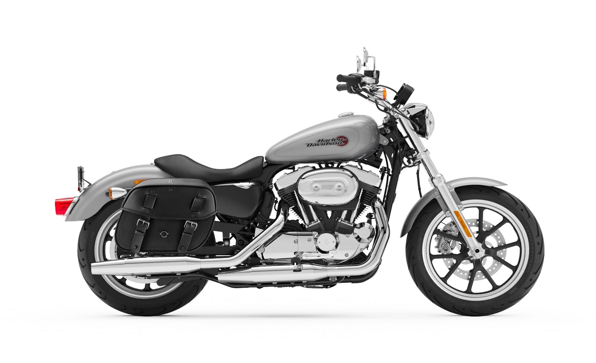 Viking Arch Large Shock Cutout Leather Motorcycle Saddlebags For Harley Sportster Super Low Xl883L Bag on Bike @expand