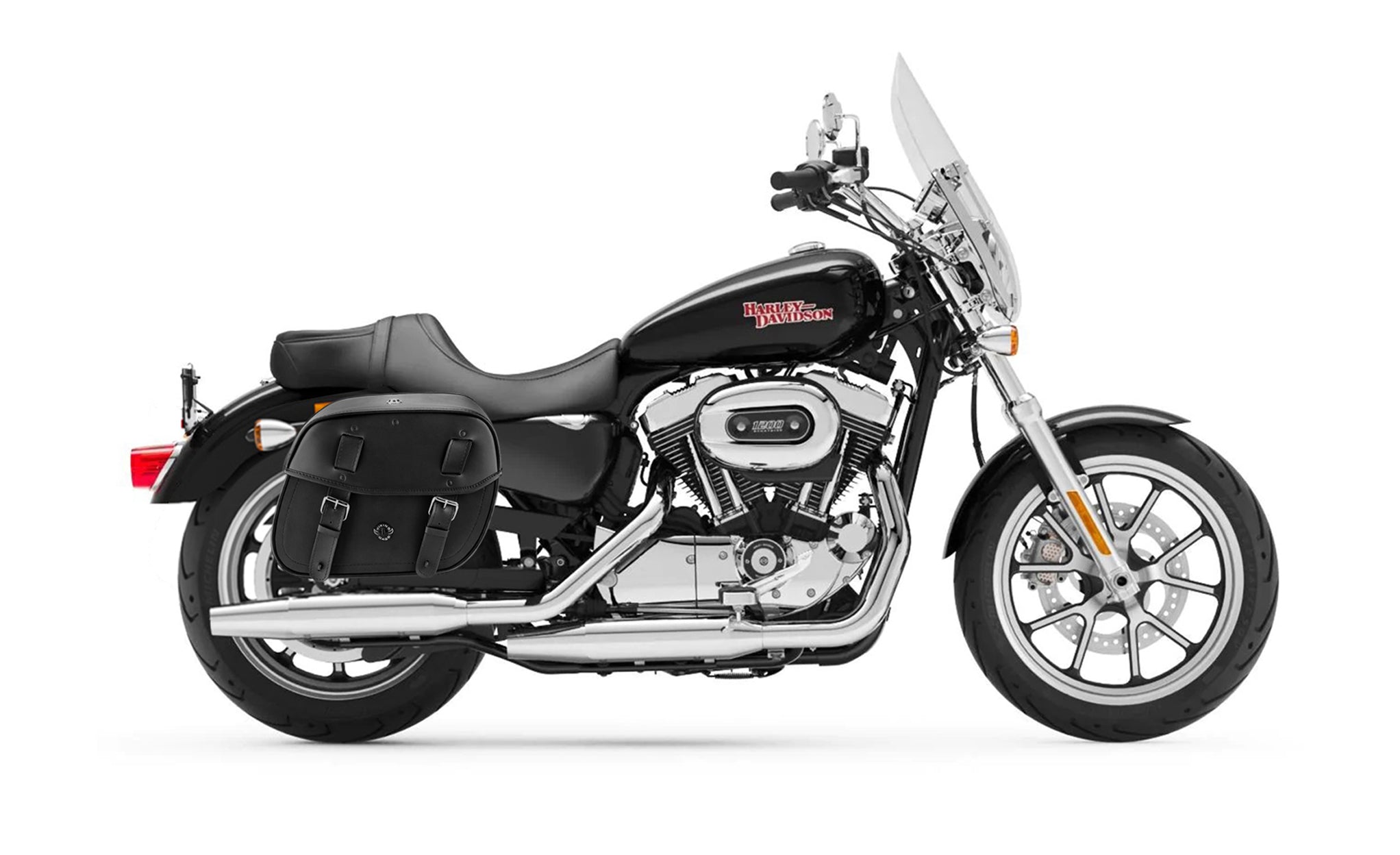 25L - Arch Large Shock Cutout Leather Motorcycle Saddlebags for Harley Sportster 1200 Super Low XL1200T Bag on Bike @expand