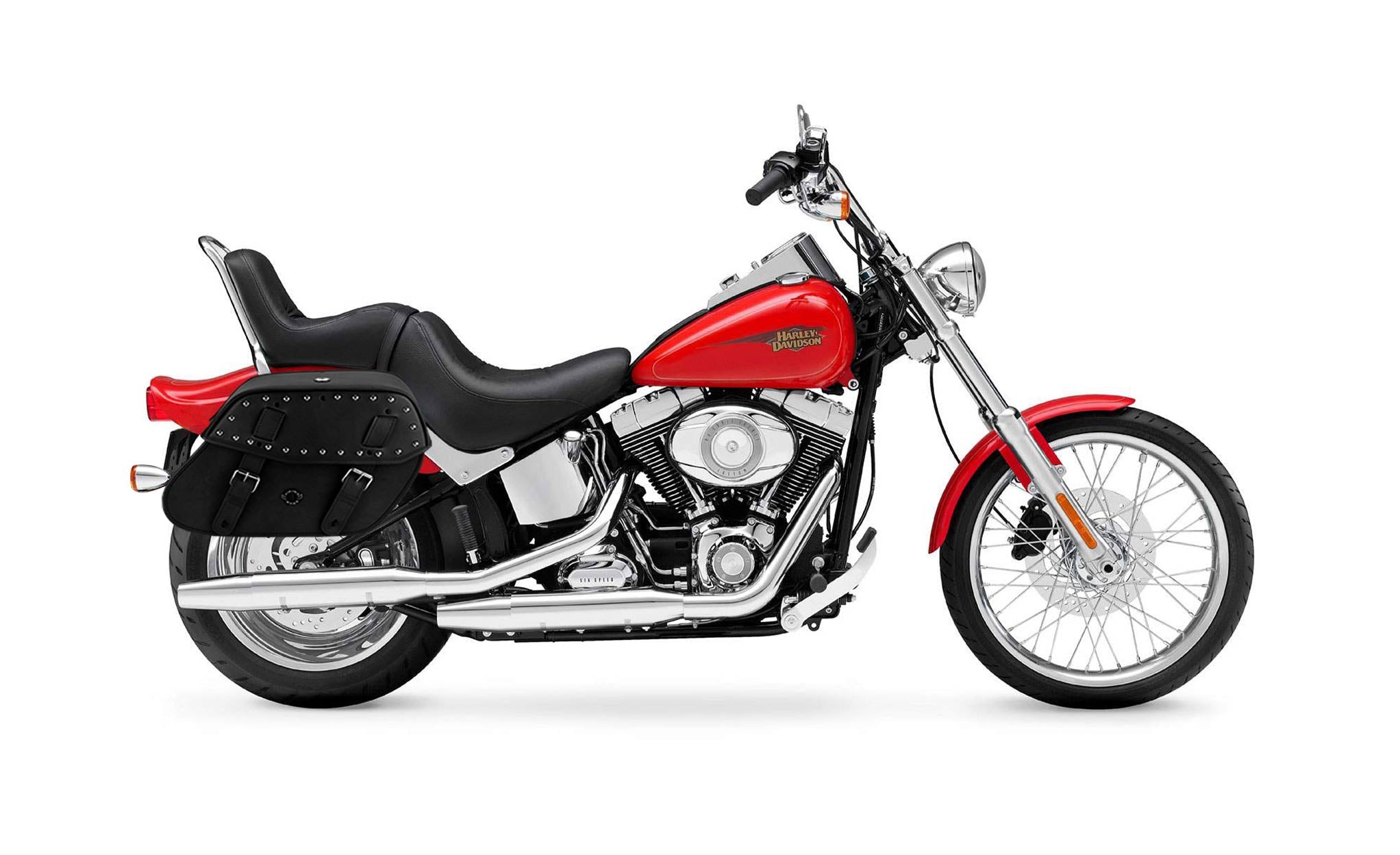 Viking Odin Large Studded Leather Motorcycle Saddlebags For Harley Softail Custom Fxstc on Bike Photo @expand