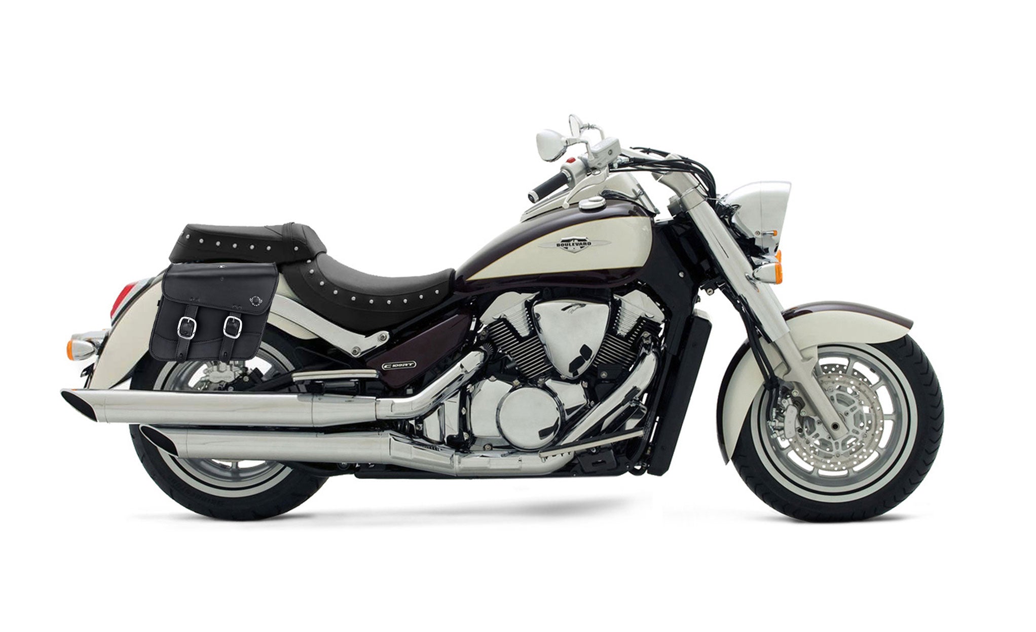 Viking Thor Medium Suzuki Boulevard C109 Leather Motorcycle Saddlebags on Bike Photo @expand