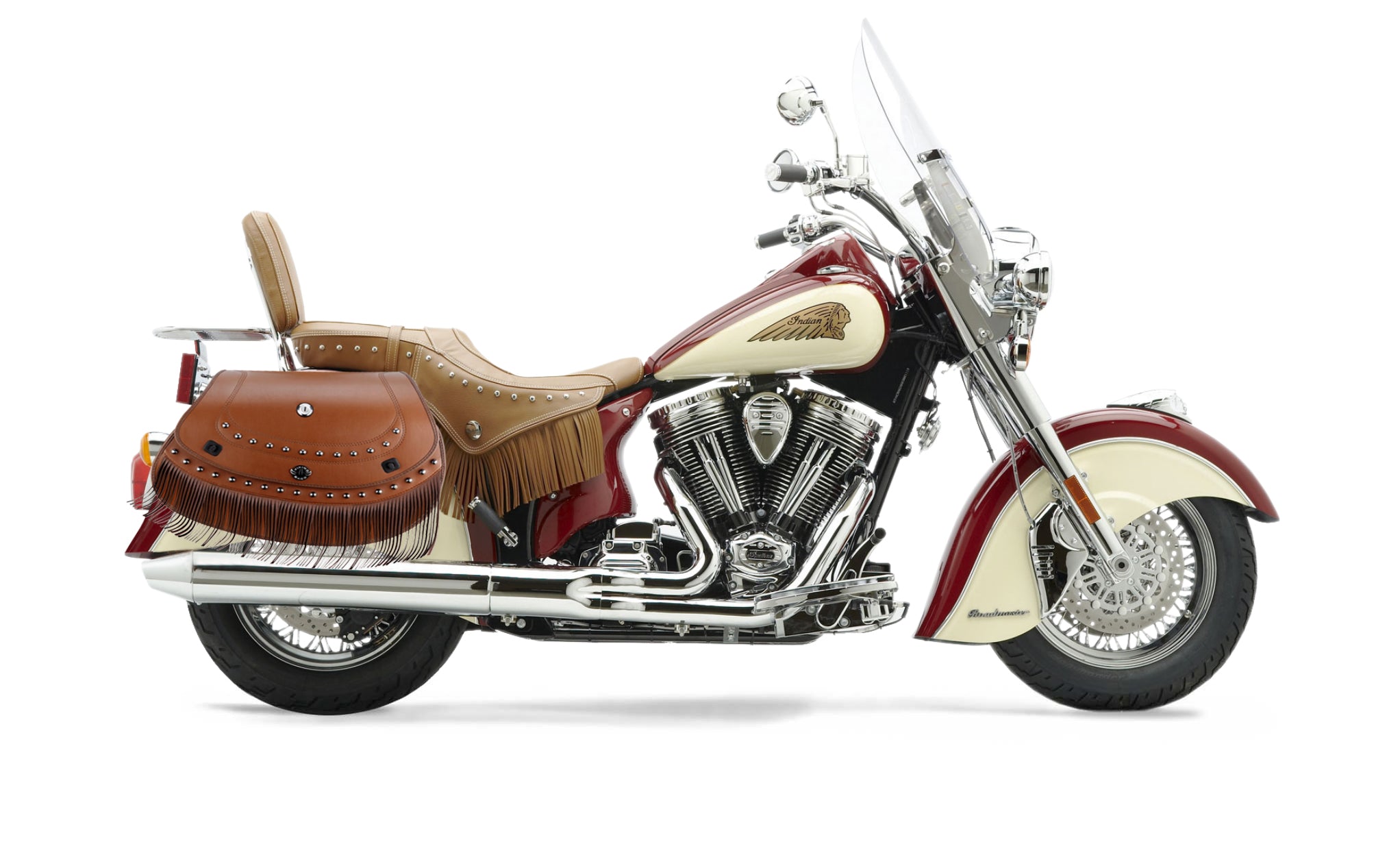Viking Mohawk Brown Extra Large Indian Chief Roadmaster Specific Leather Motorcycle Saddlebags on Bike Photo @expand