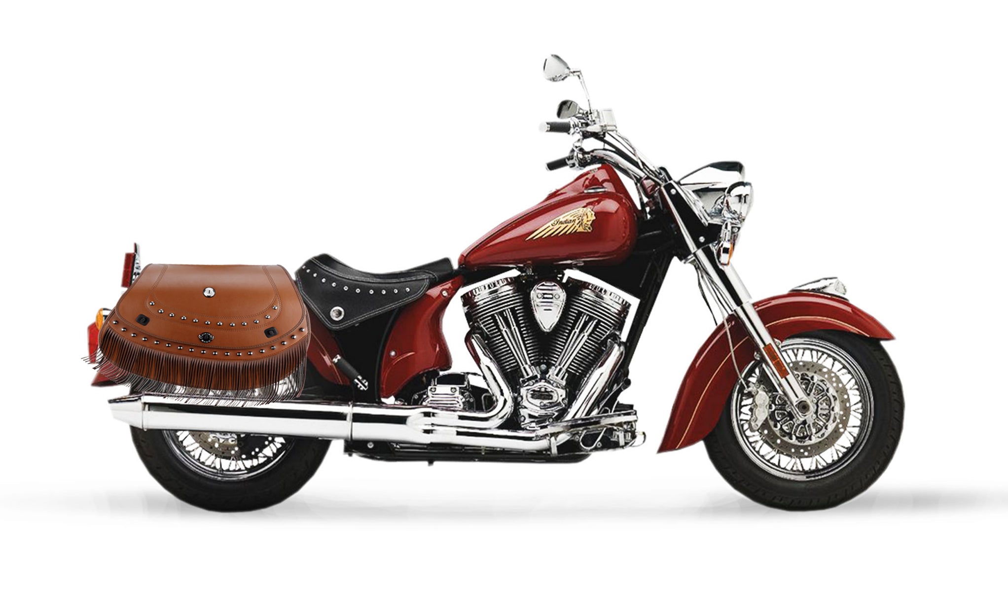 Viking Mohawk Brown Extra Large Indian Chief Standard Specific Leather Motorcycle Saddlebags on Bike Photo @expand