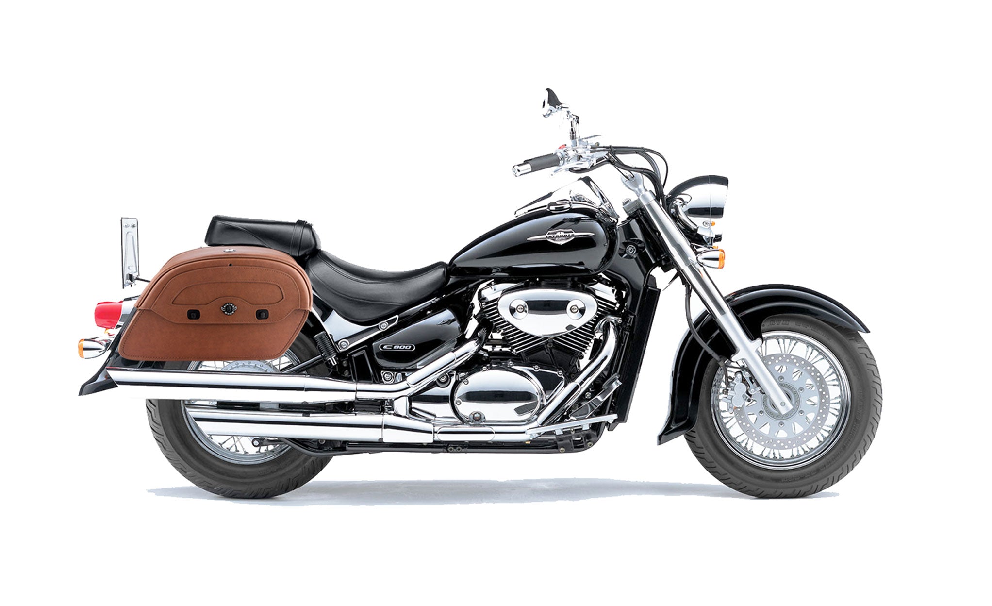 Viking Warrior Brown Large Suzuki Volusia 800 Leather Motorcycle Saddlebags on Bike Photo @expand
