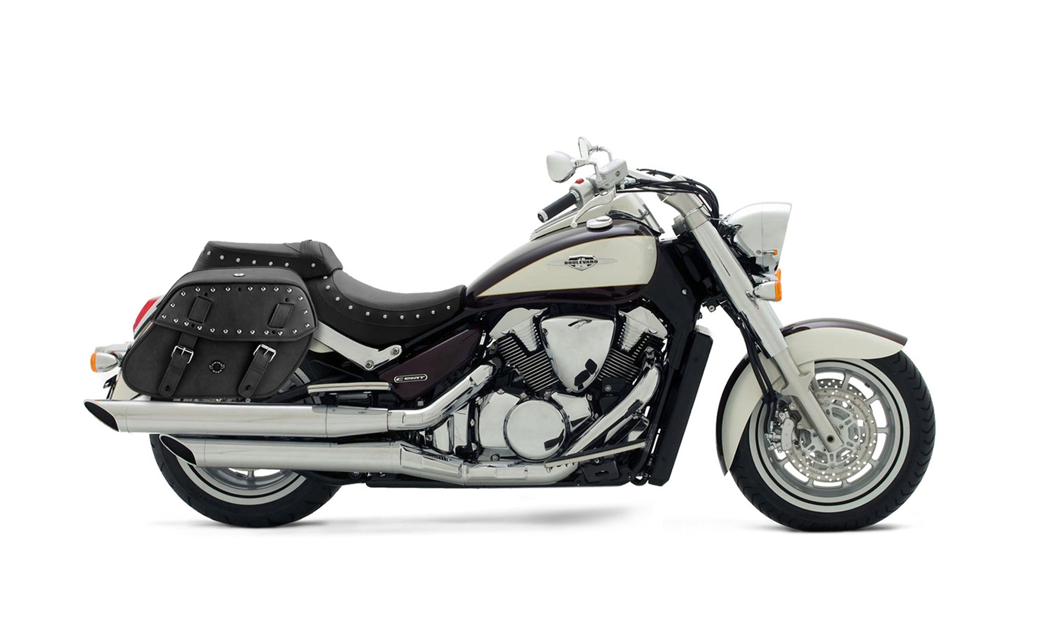 Viking Odin Large Suzuki Boulevard C109 Leather Studded Motorcycle Saddlebags on Bike Photo @expand