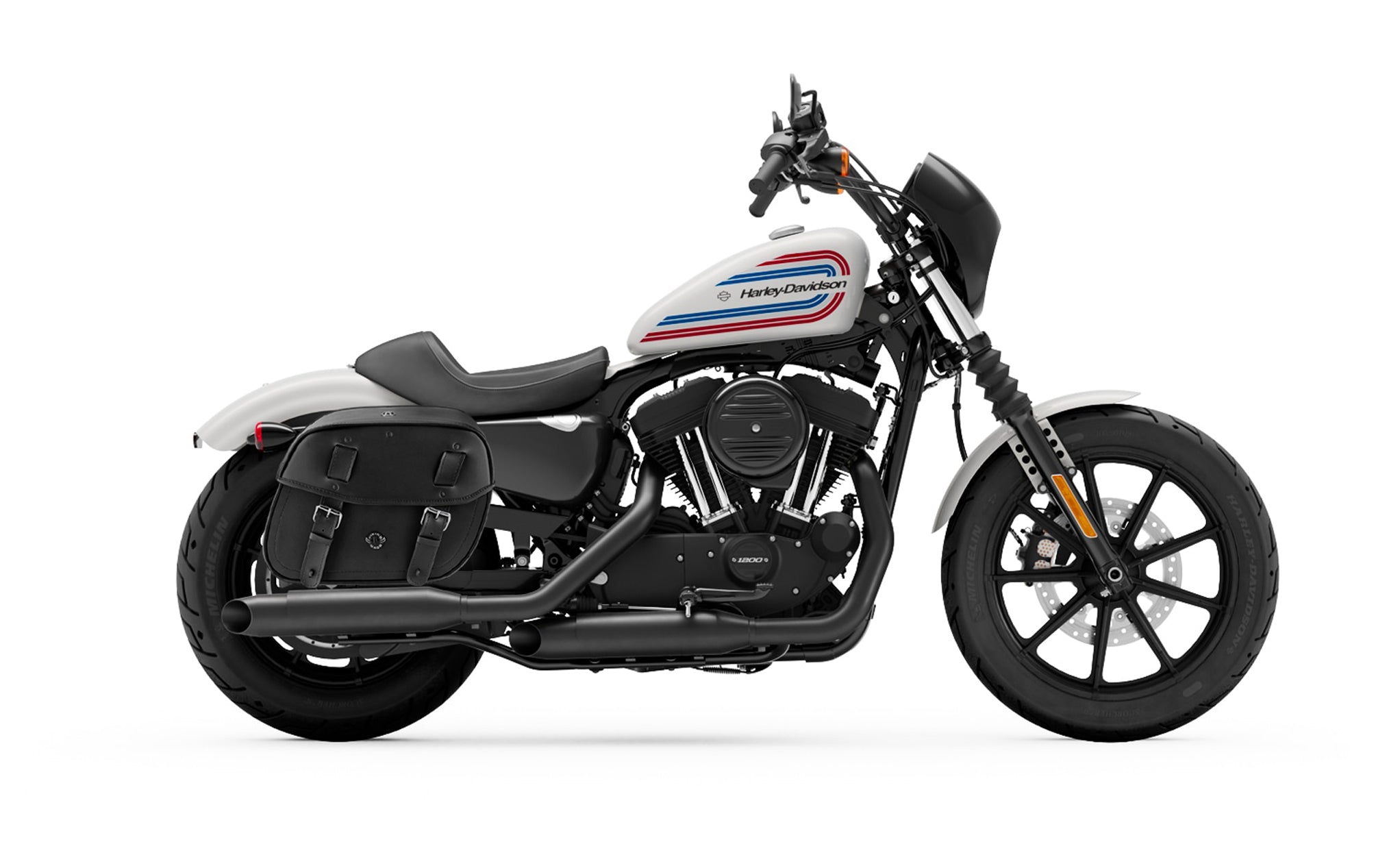 Viking Arch Large Shock Cutout Leather Motorcycle Saddlebags For Harley Sportster 1200 Iron Xl1200Ns on Bike Photo @expand