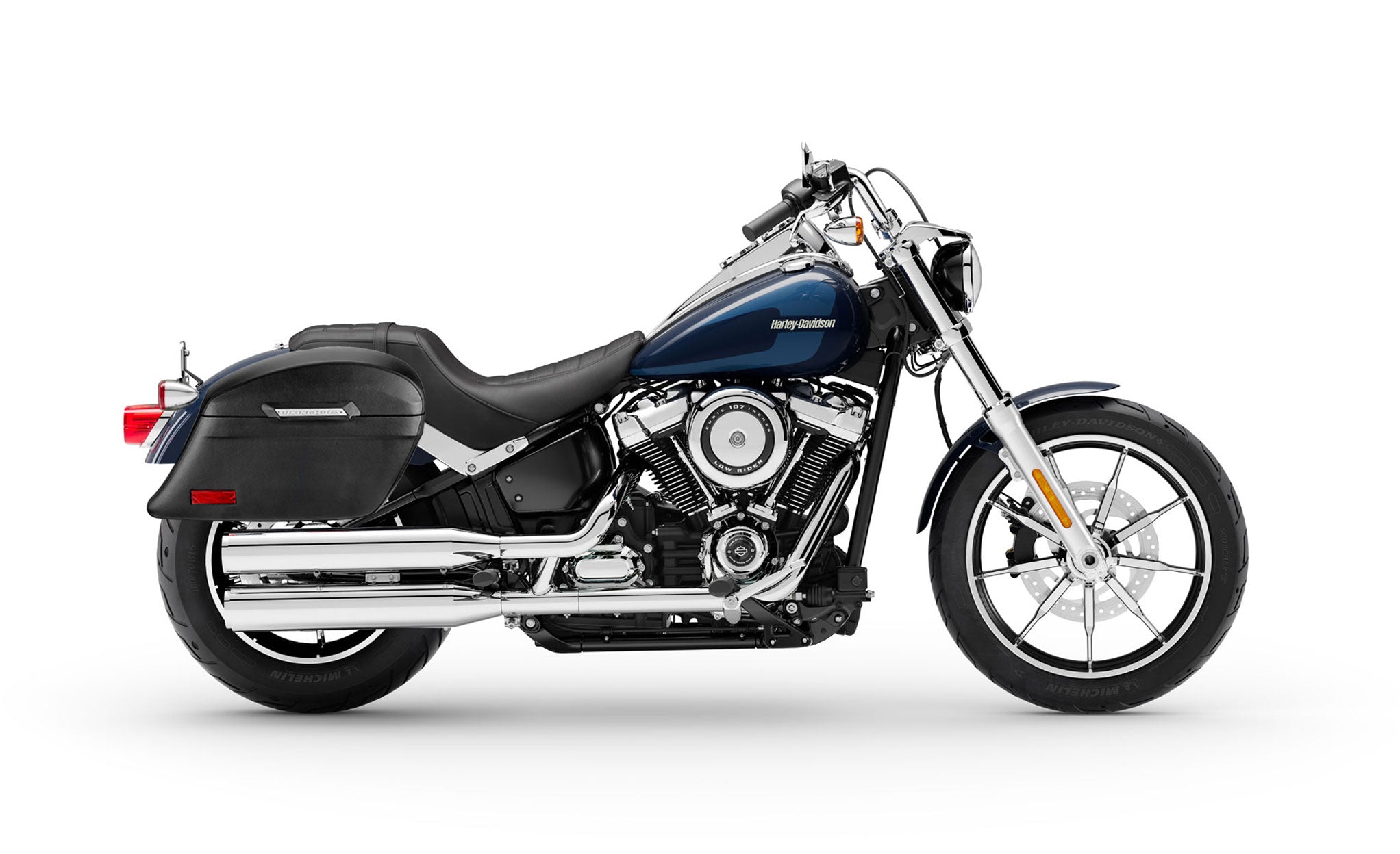 44L - Lamellar Stallion Extra Large Leather Covered Motorcycle Hard Saddlebags for Harley Softail Low Rider FXLR Bag on Bike @expand