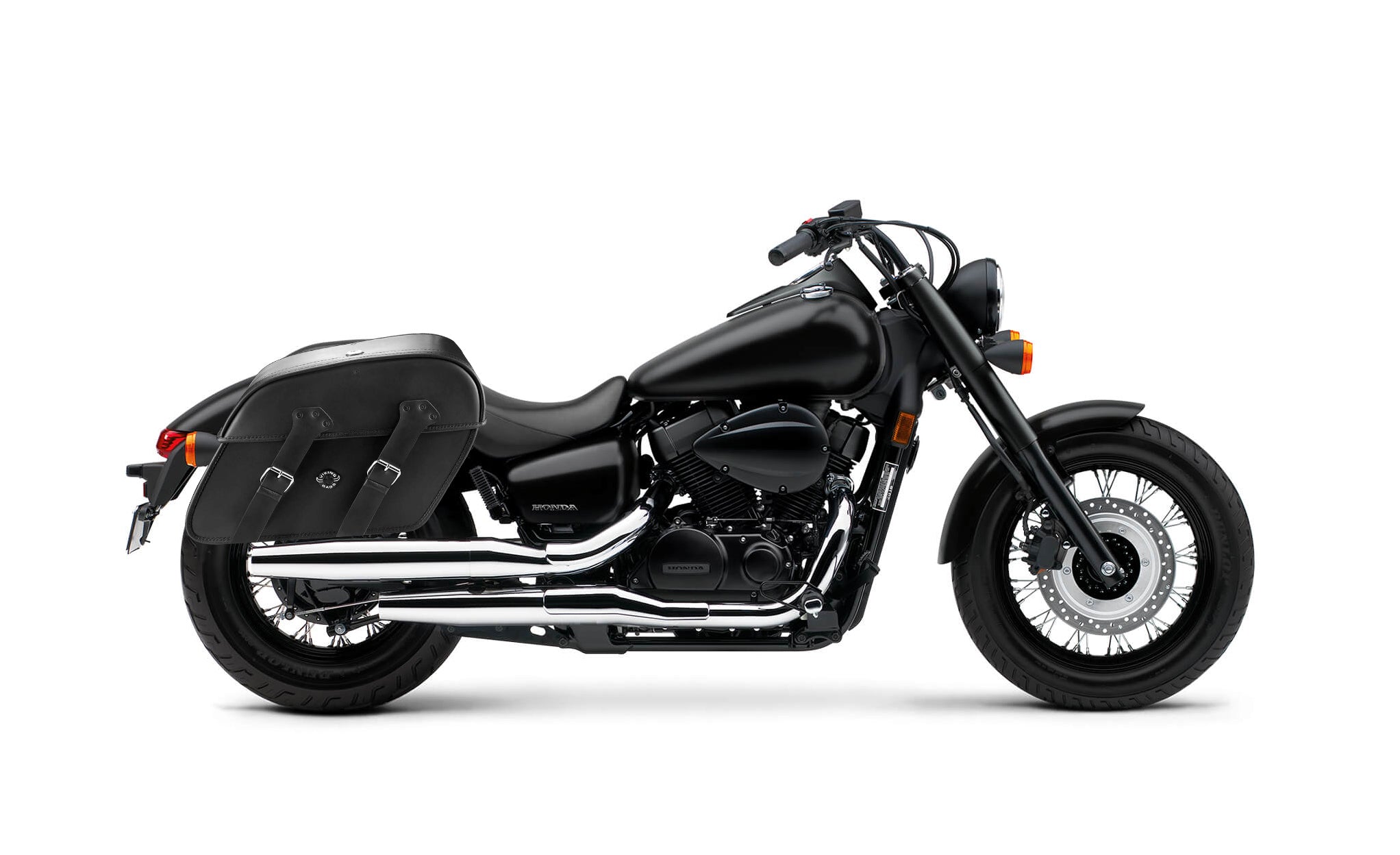 Viking Raven Extra Large Honda Shadow 750 Phantom Shock Cut Out Leather Motorcycle Saddlebags on Bike Photo @expand