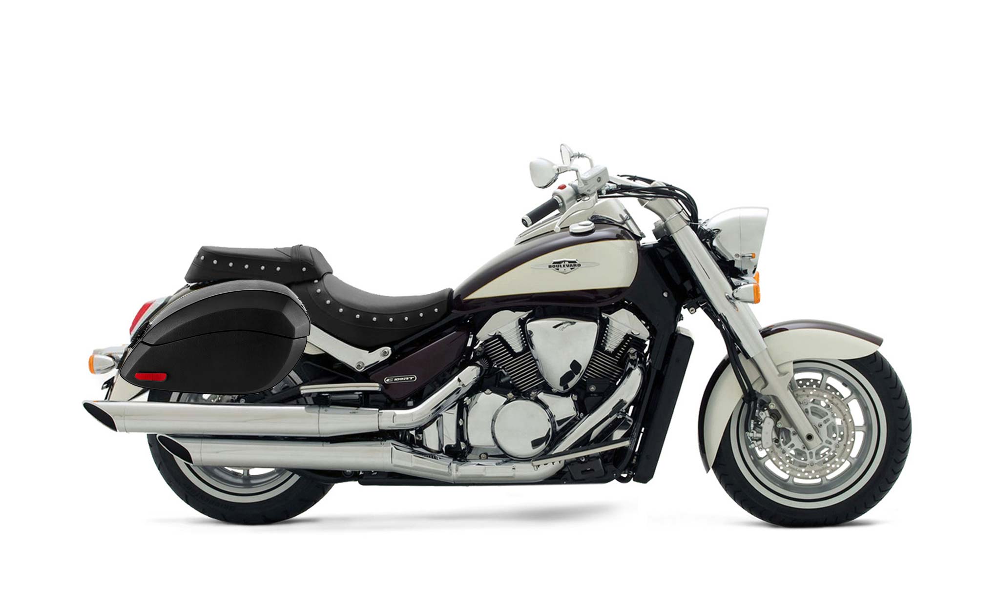 Viking Phantom Large Suzuki Boulevard C109 Leather Wrapped Motorcycle Hard Saddlebags on Bike Photo @expand