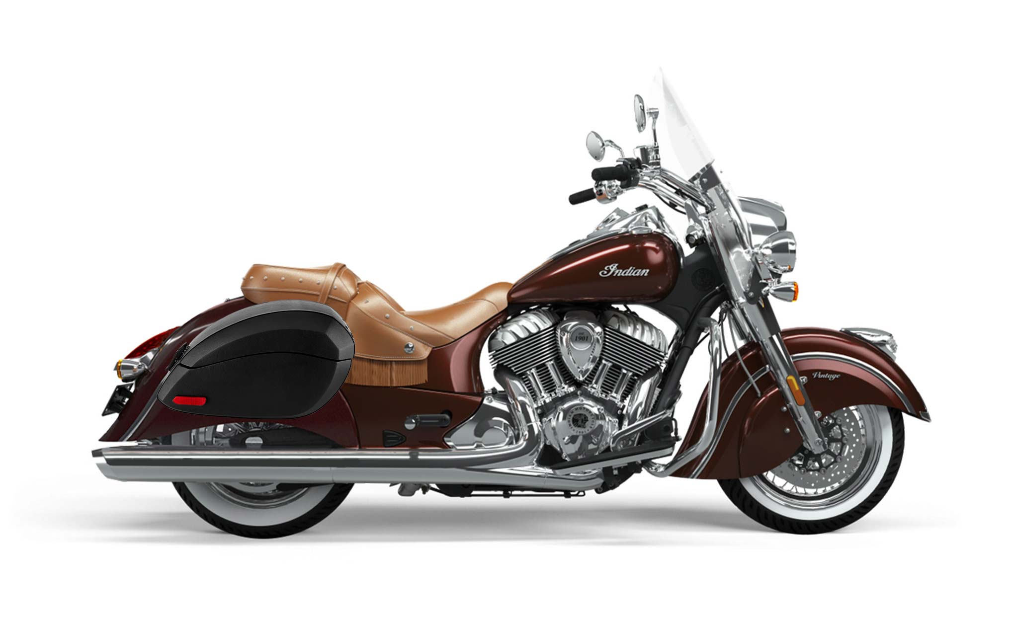 Viking Phantom Large Indian Vintage Leather Wrapped Motorcycle Hard Saddlebags on Bike Photo @expand