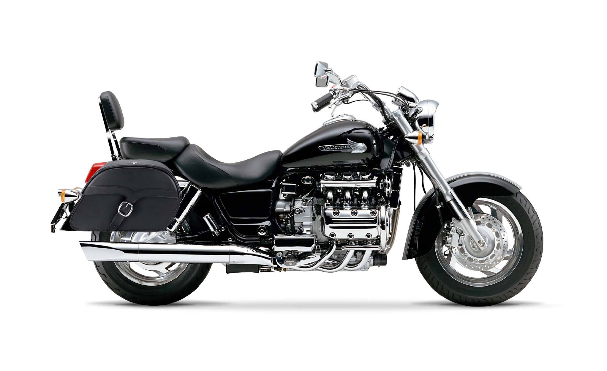 Viking Vintage Single Strap Large Honda Valkyrie 1500 Standard Leather Motorcycle Saddlebags on Bike Photo @expand